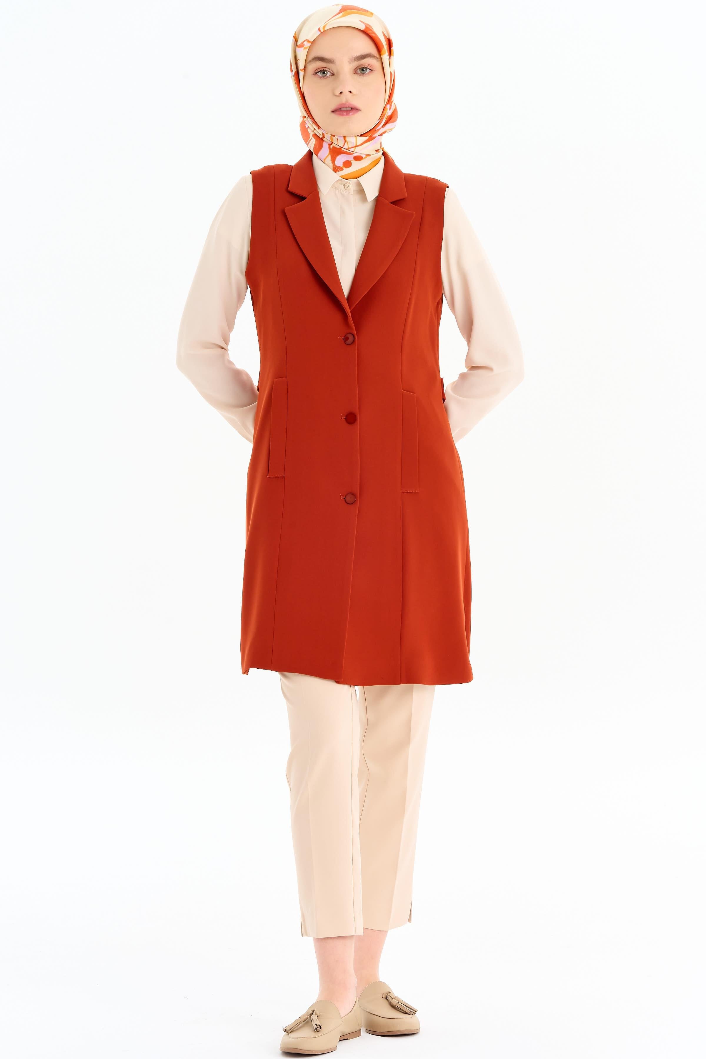 Blazer Yaka Yırtmaçlı Yelek - Kiremit TUGBA