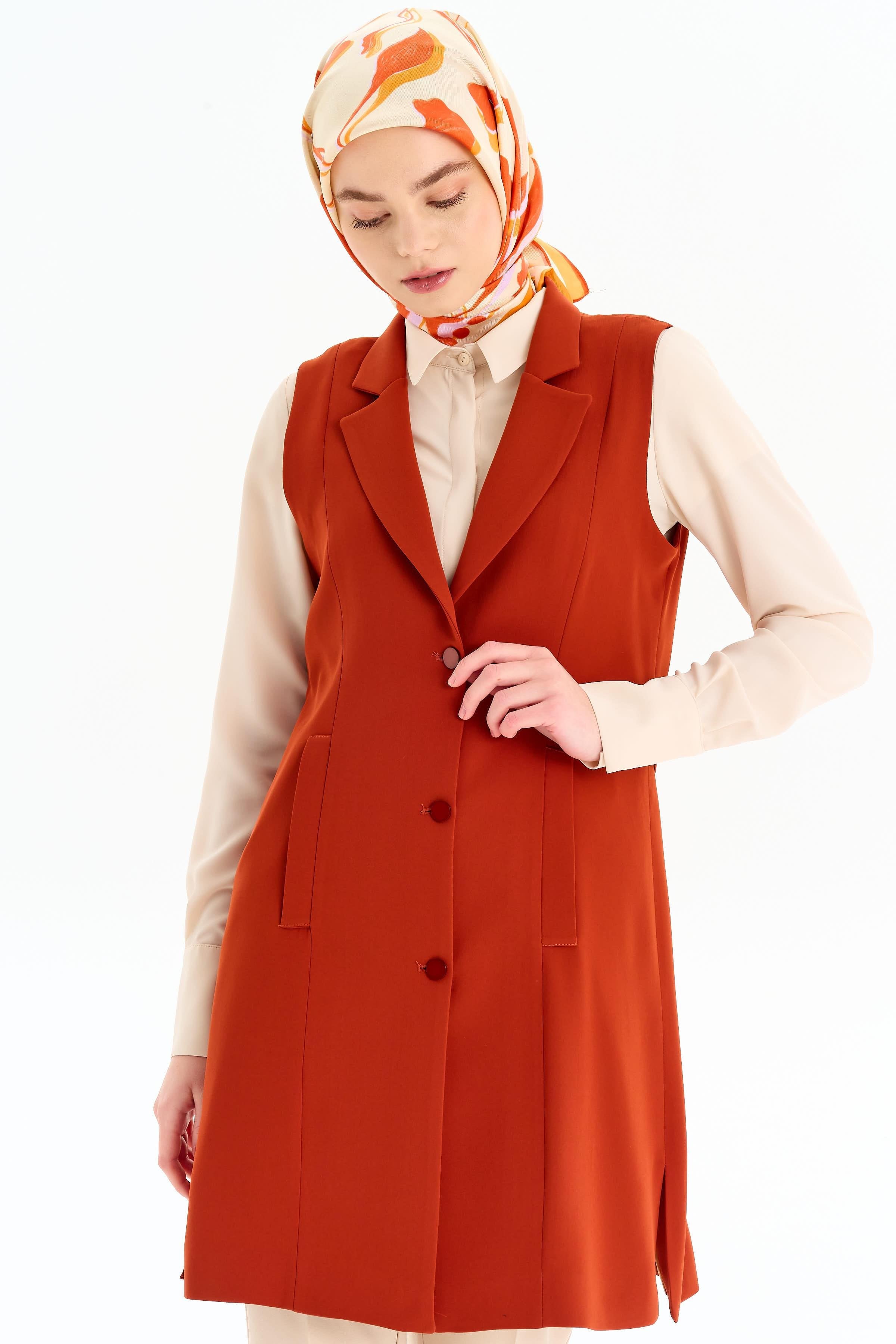 Blazer Yaka Yırtmaçlı Yelek - Kiremit TUGBA