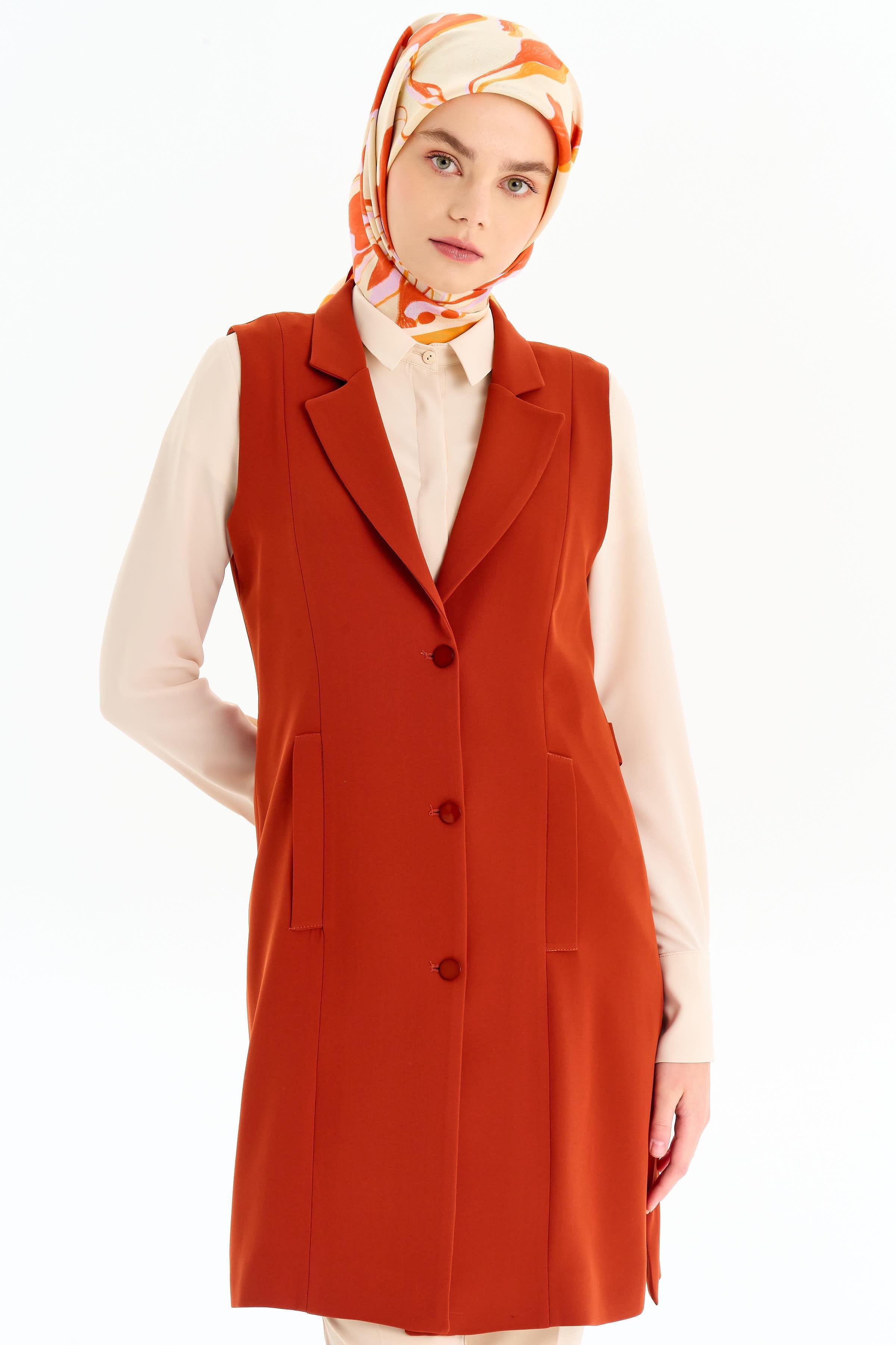 Blazer Yaka Yırtmaçlı Yelek - Kiremit TUGBA