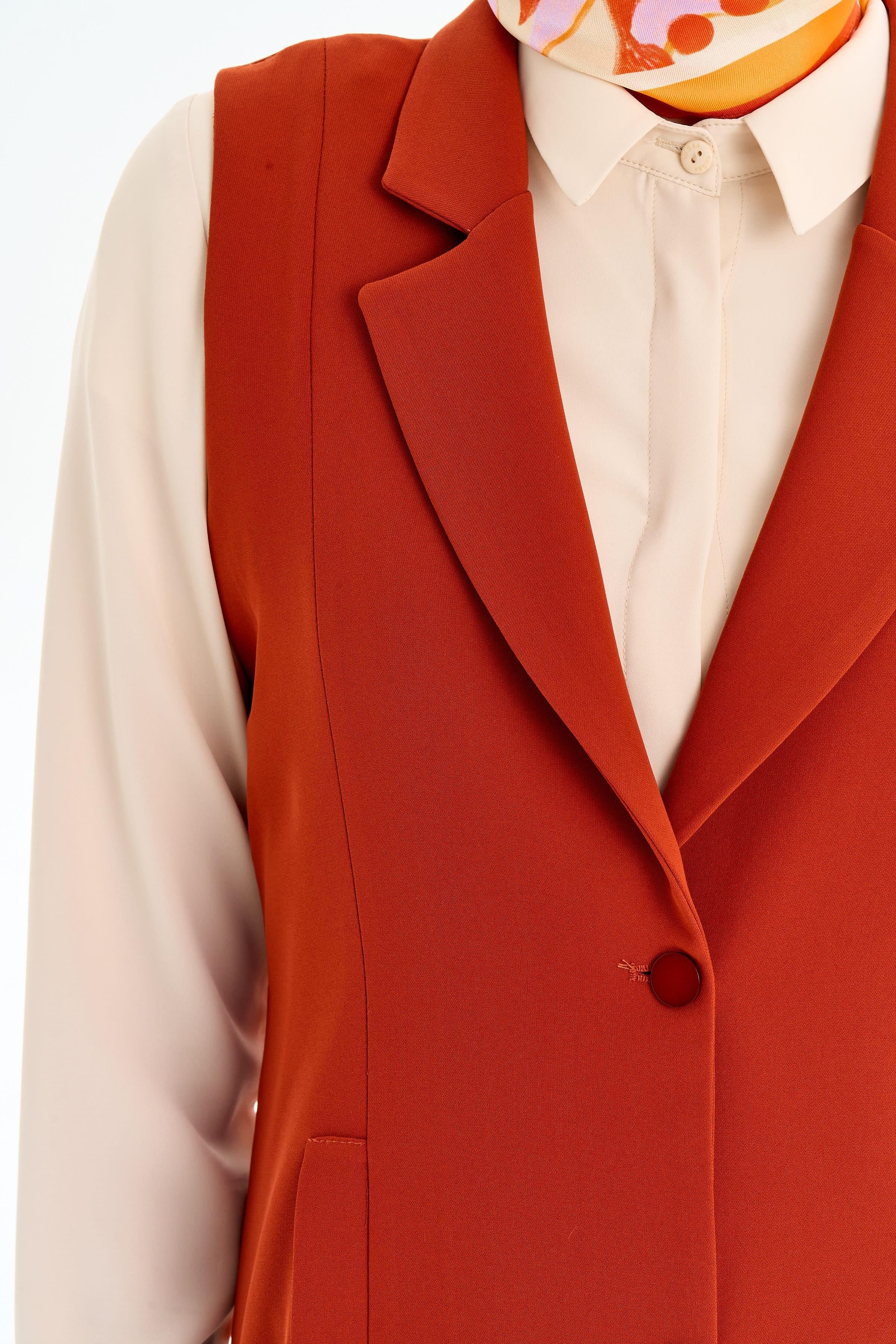 Blazer Yaka Yırtmaçlı Yelek - Kiremit TUGBA