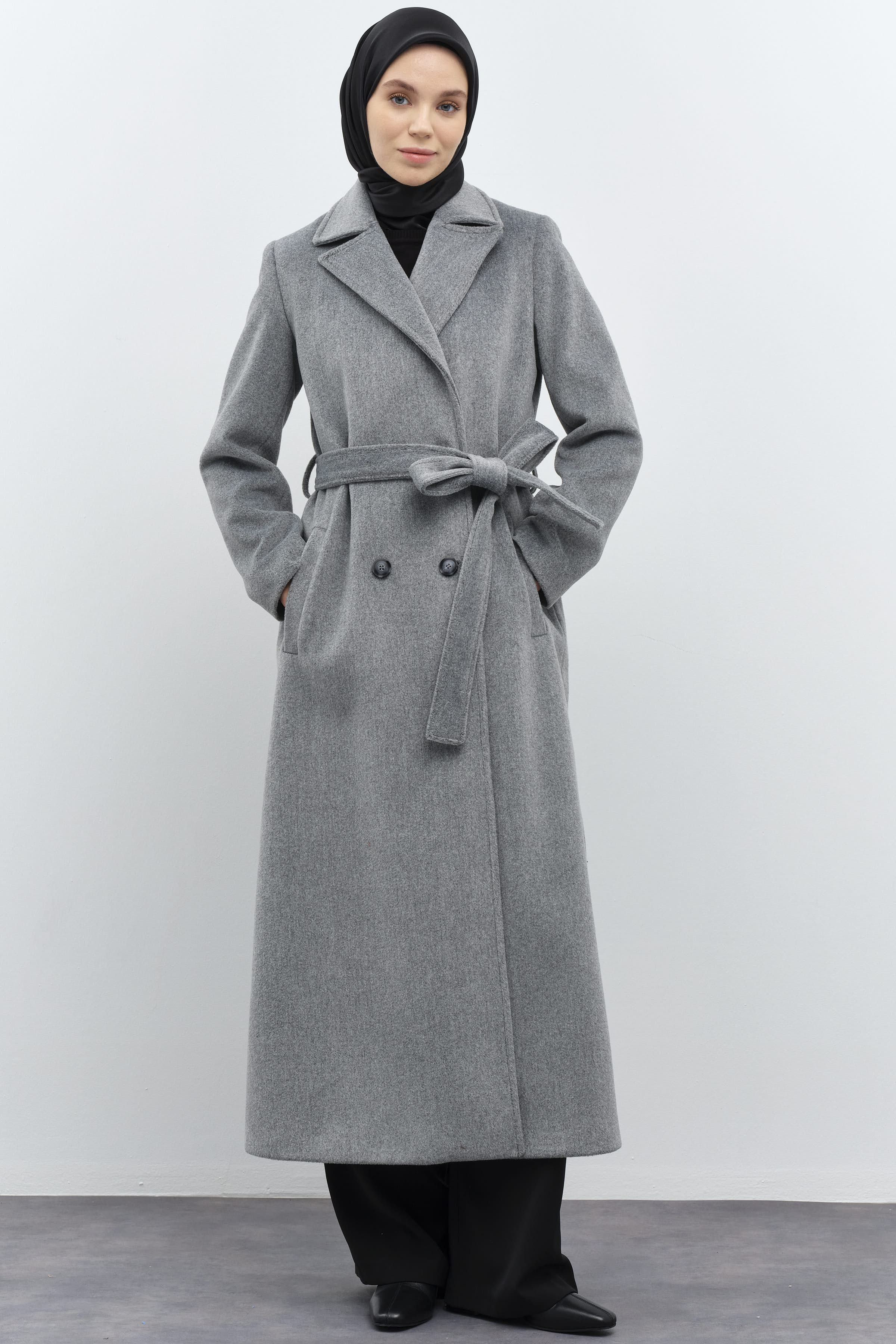 Blazer Yakalı Kruvaze Manto - Gri TUGBA