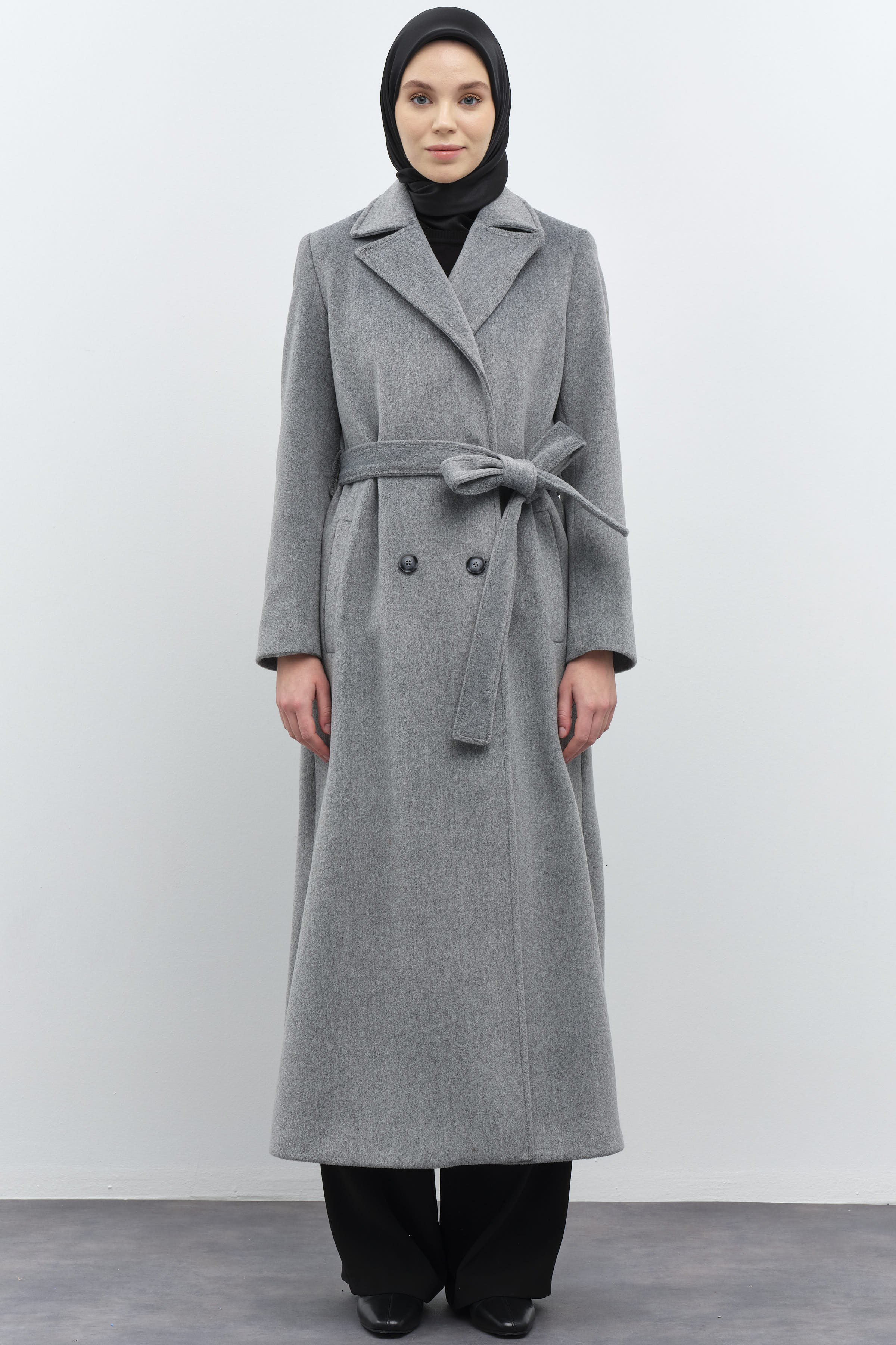 Blazer Yakalı Kruvaze Manto - Gri TUGBA