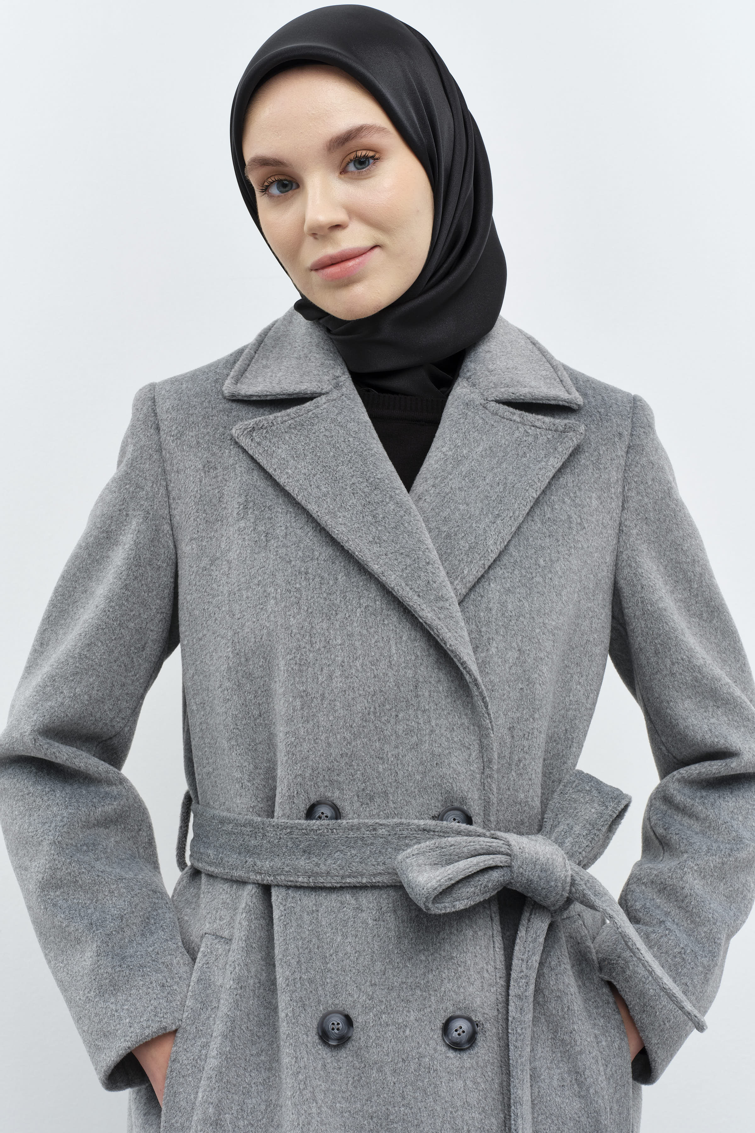 Blazer Yakalı Kruvaze Manto - Gri TUGBA