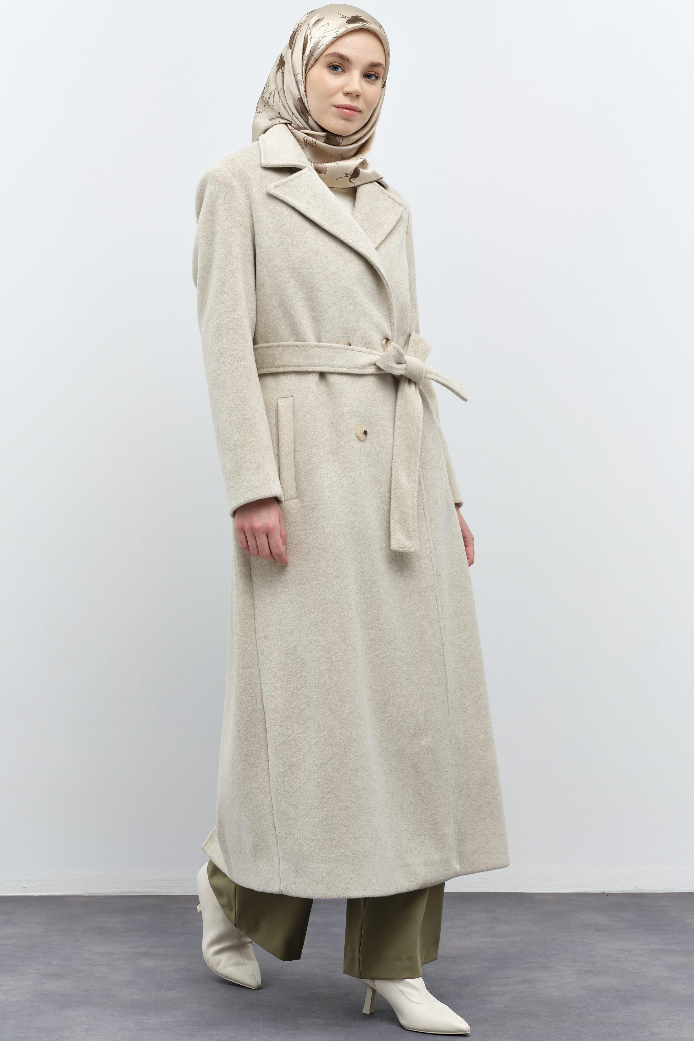 Blazer Yakalı Kruvaze Manto - Taş TUGBA