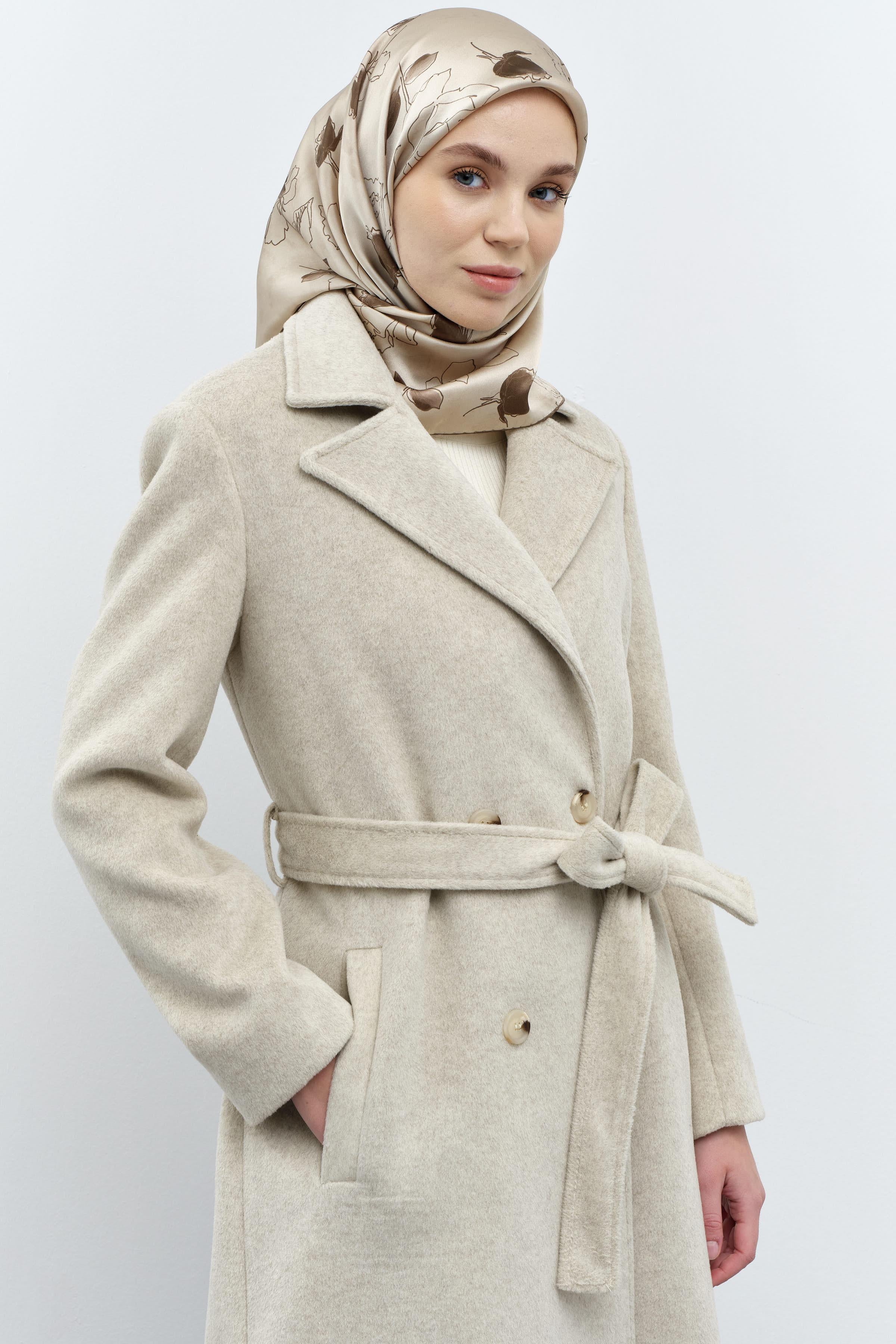 Blazer Yakalı Kruvaze Manto - Taş TUGBA