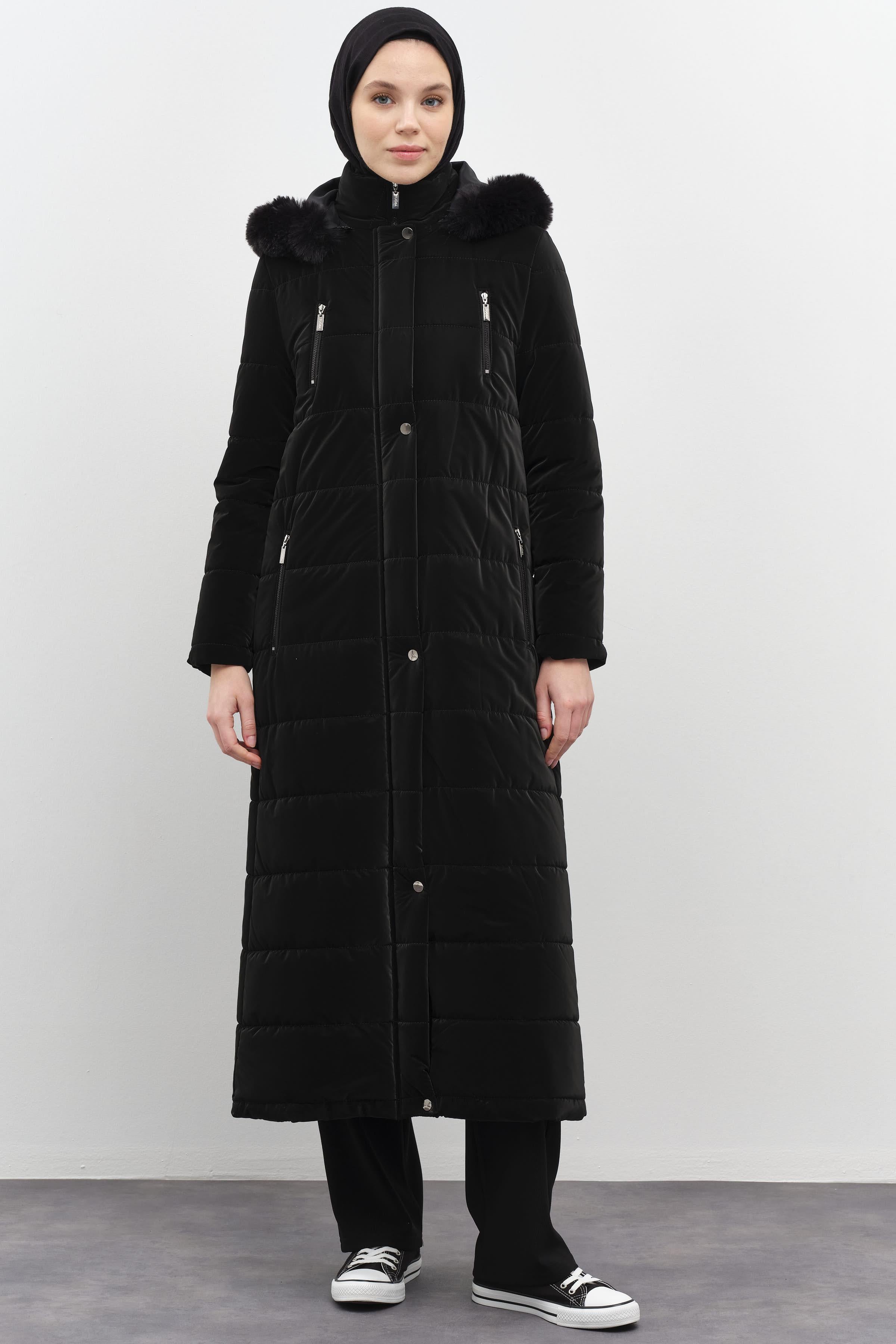 Blok Desen Şişme Kaban - Siyah TUGBA