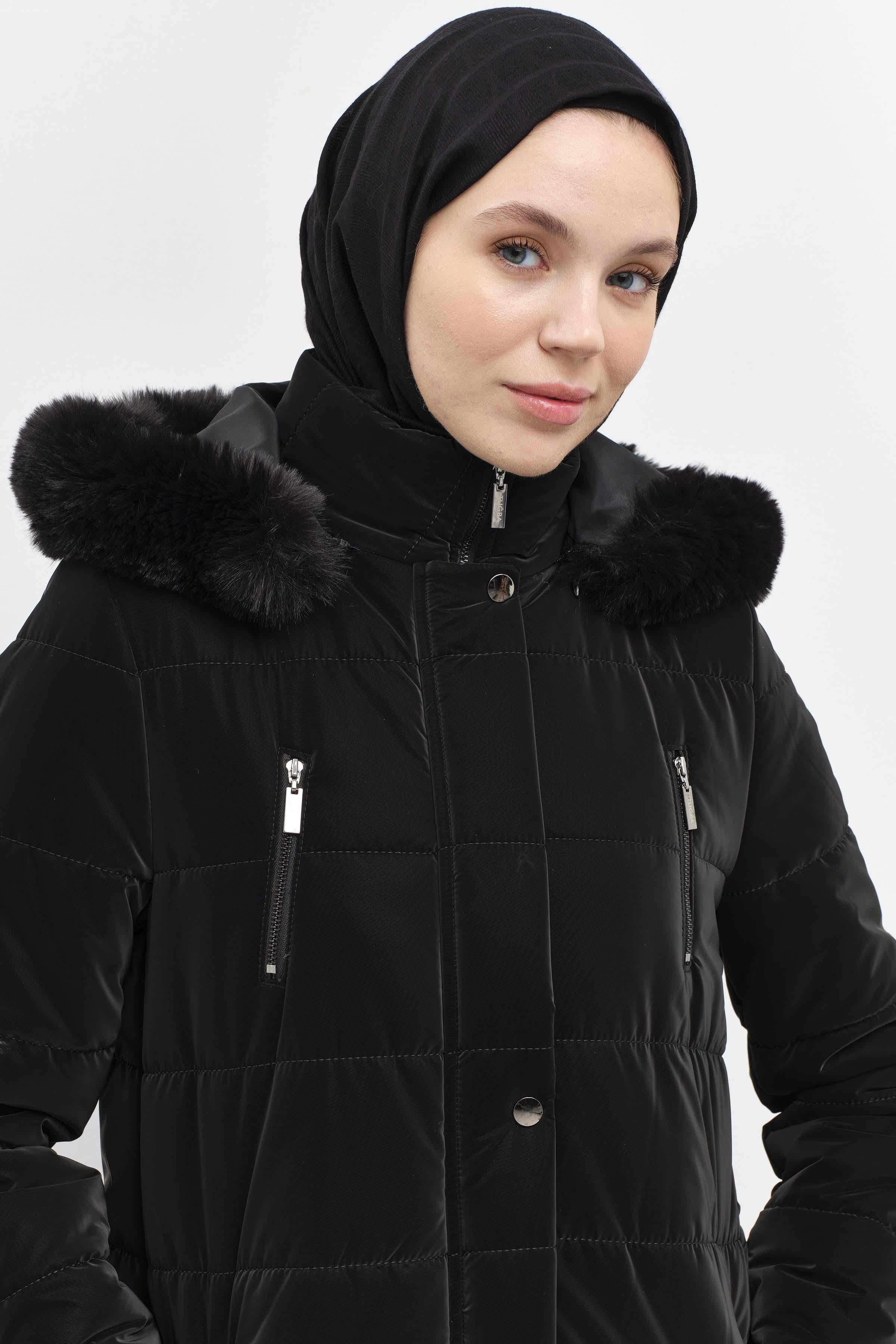 Blok Desen Şişme Kaban - Siyah TUGBA