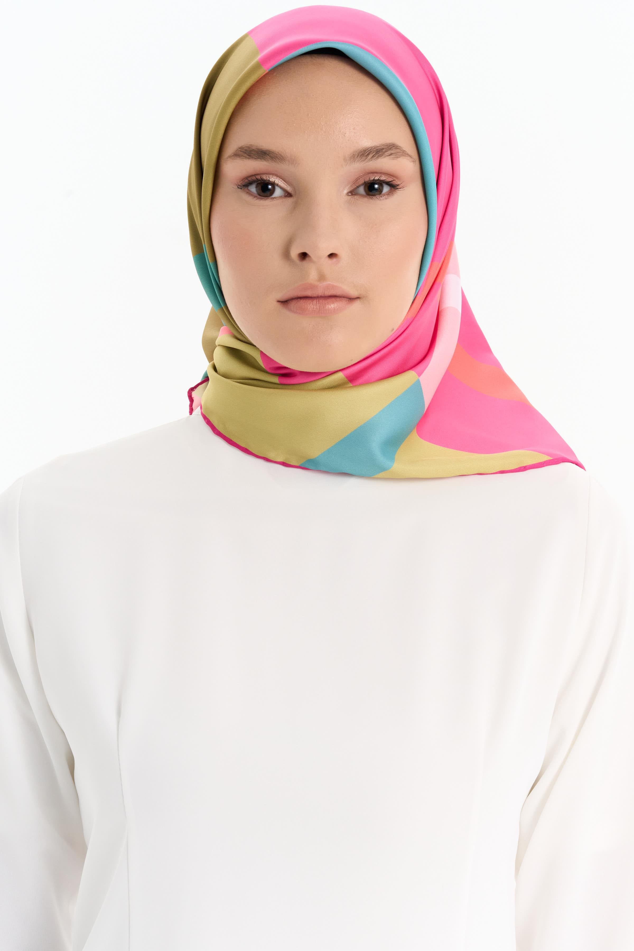 Blok Desenli Stil Eşarp - Fuşya TUGBA