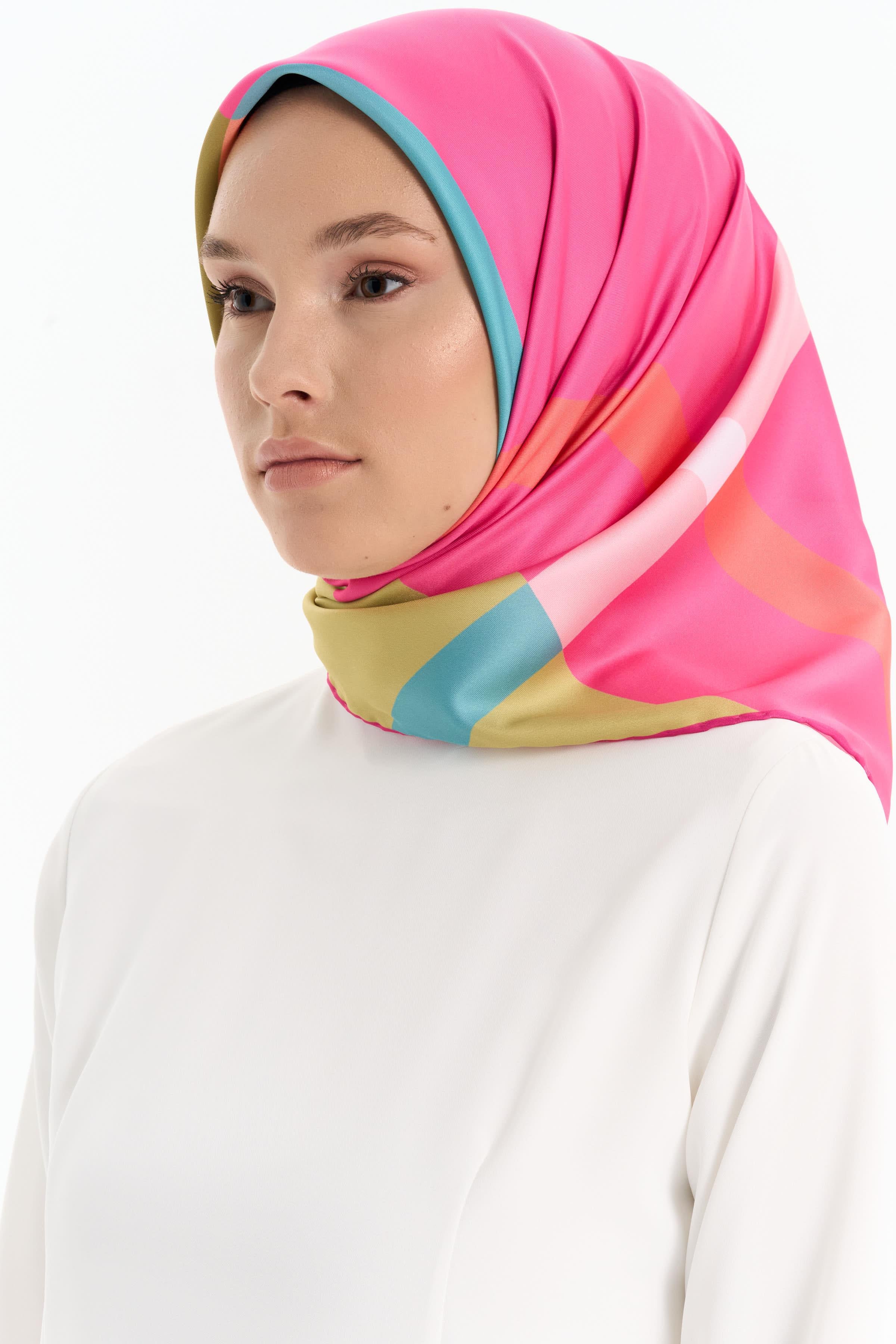 Blok Desenli Stil Eşarp - Fuşya TUGBA