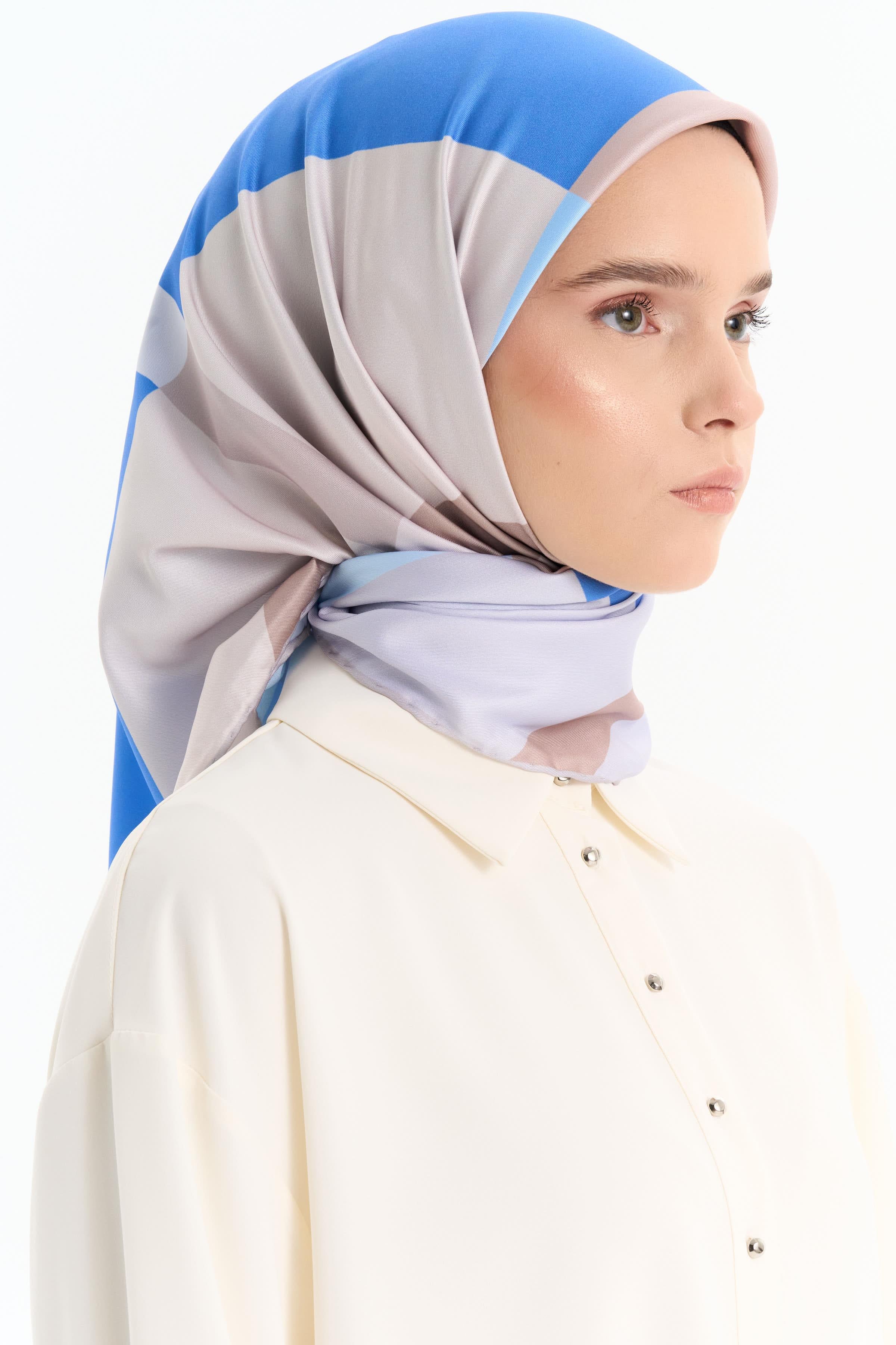 Blok Desenli Stil Eşarp - Mavi TUGBA