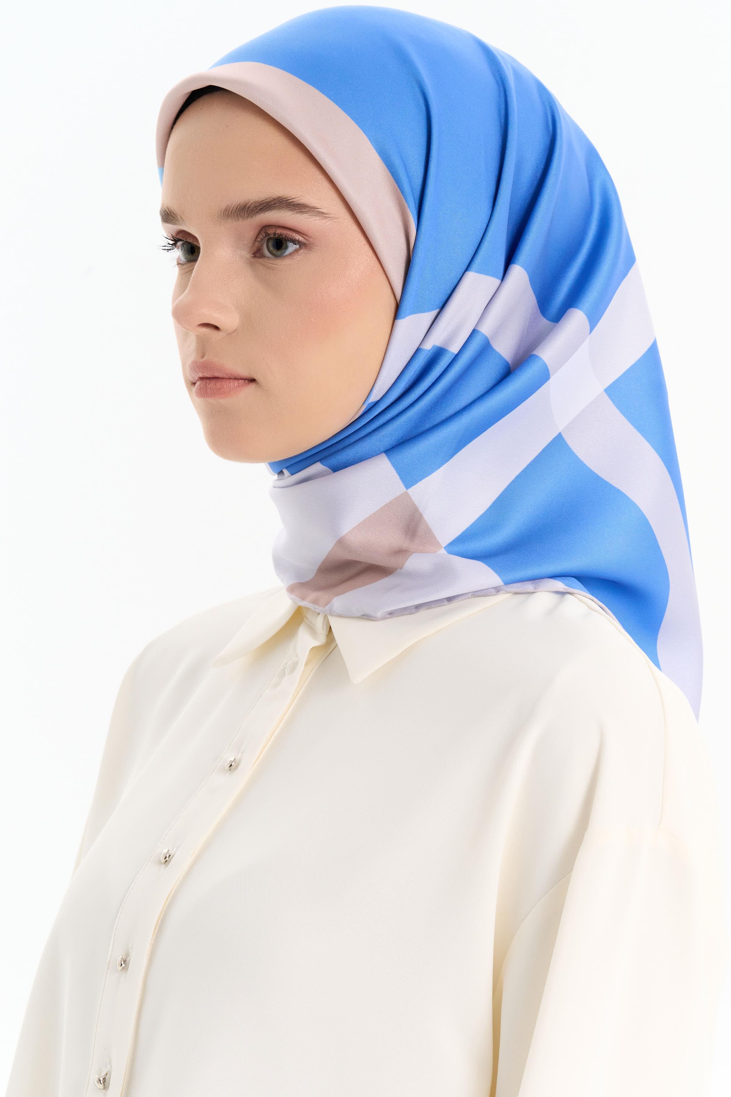 Blok Desenli Stil Eşarp - Mavi TUGBA