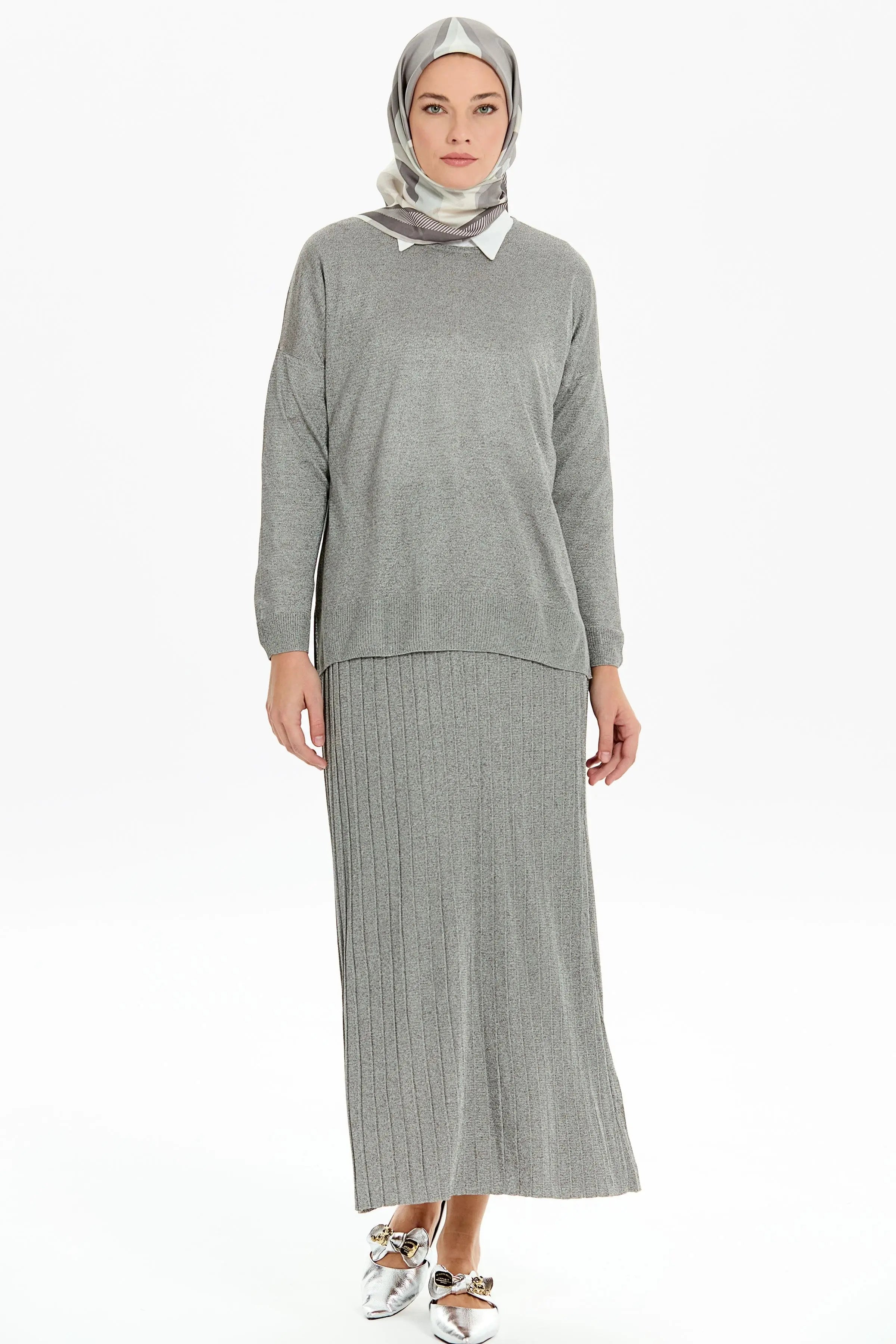 Bluz Etek Triko Takım - Gri TUGBA