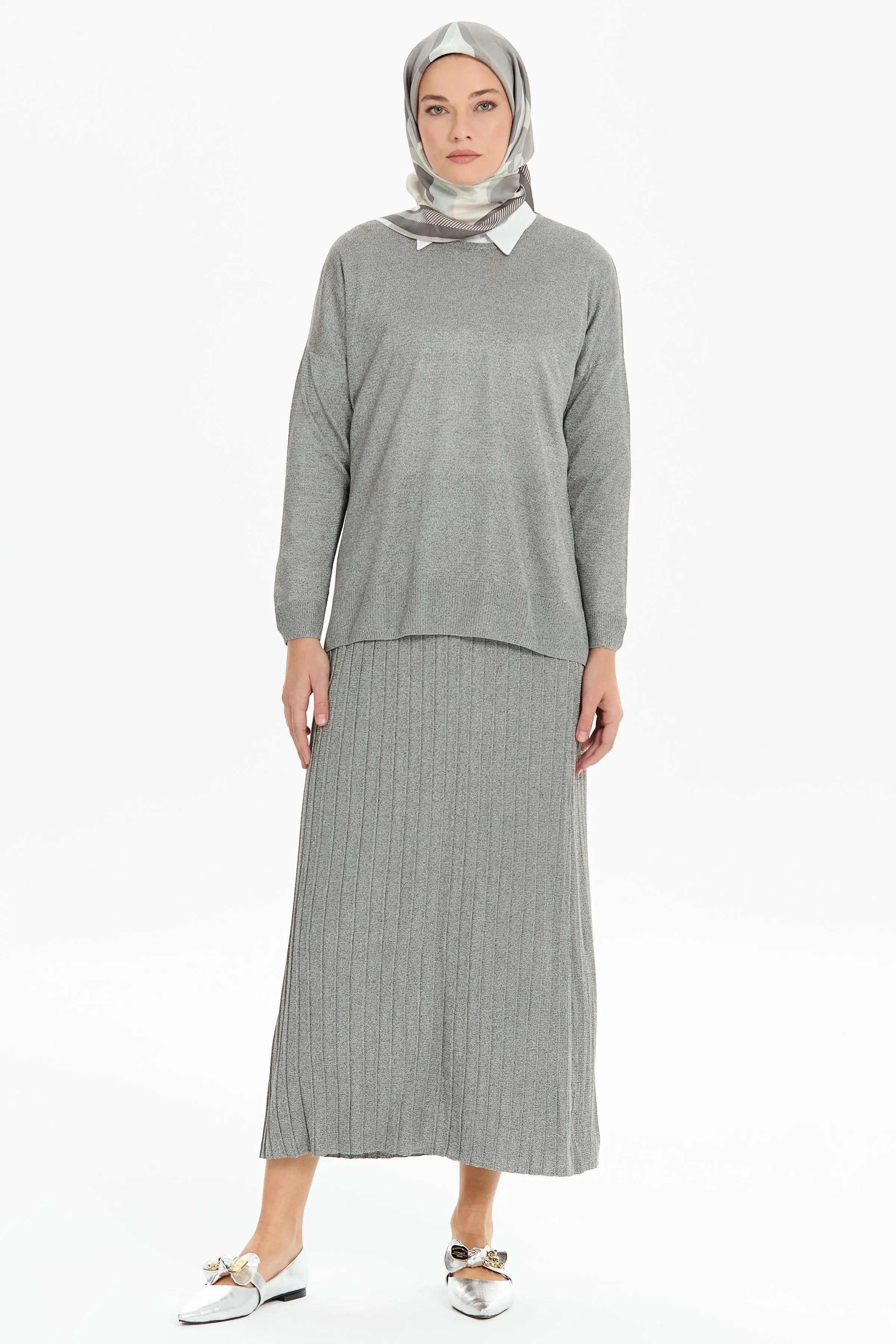 Bluz Etek Triko Takım - Gri TUGBA