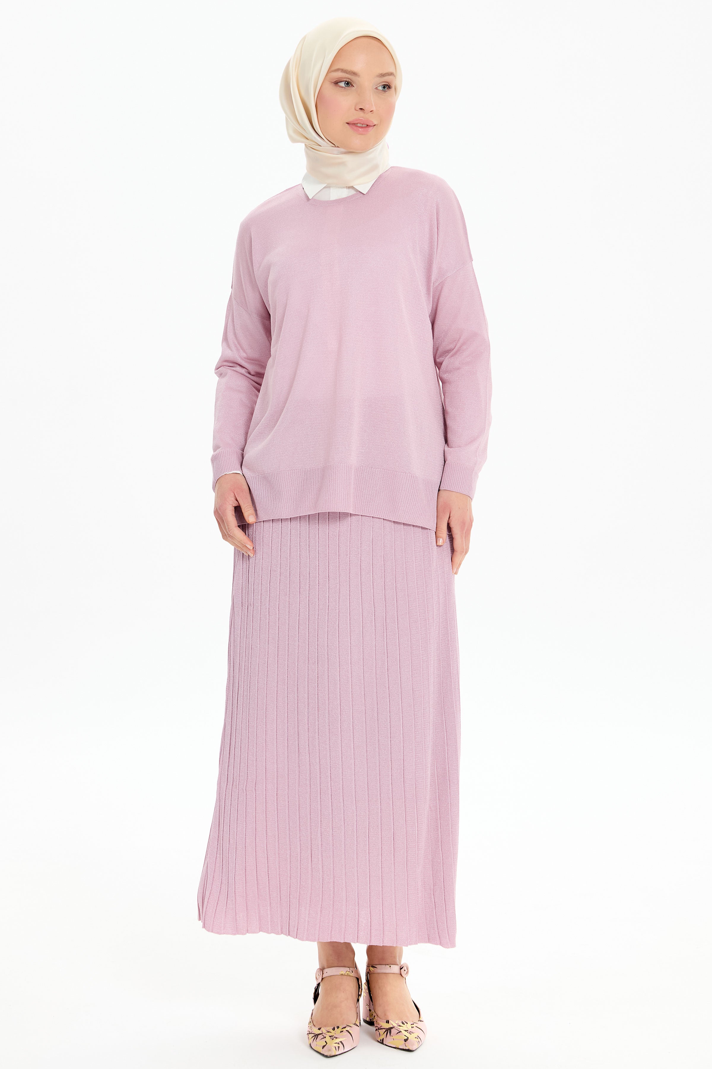 Bluz Etek Triko Takım - Pembe TUGBA