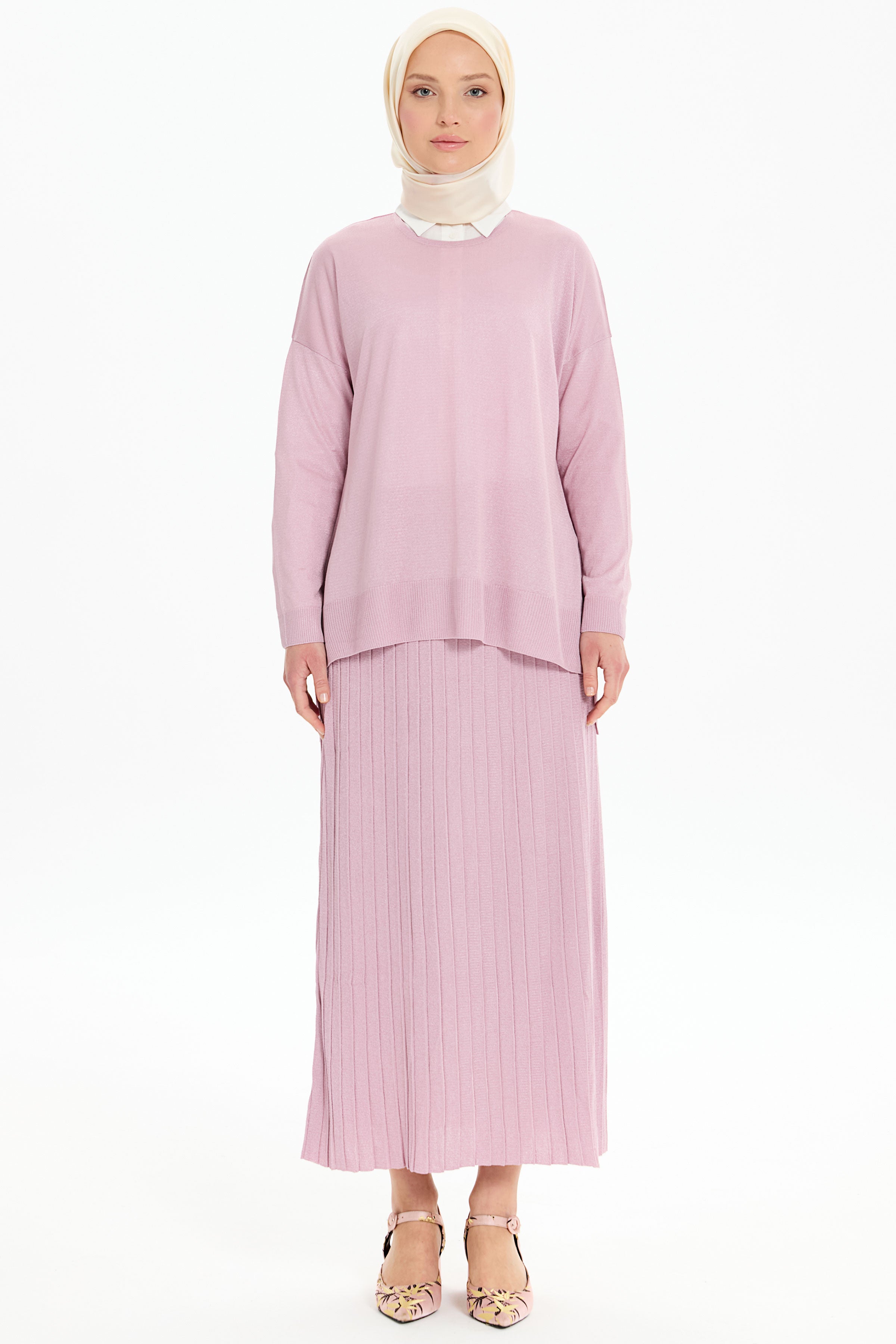 Bluz Etek Triko Takım - Pembe TUGBA