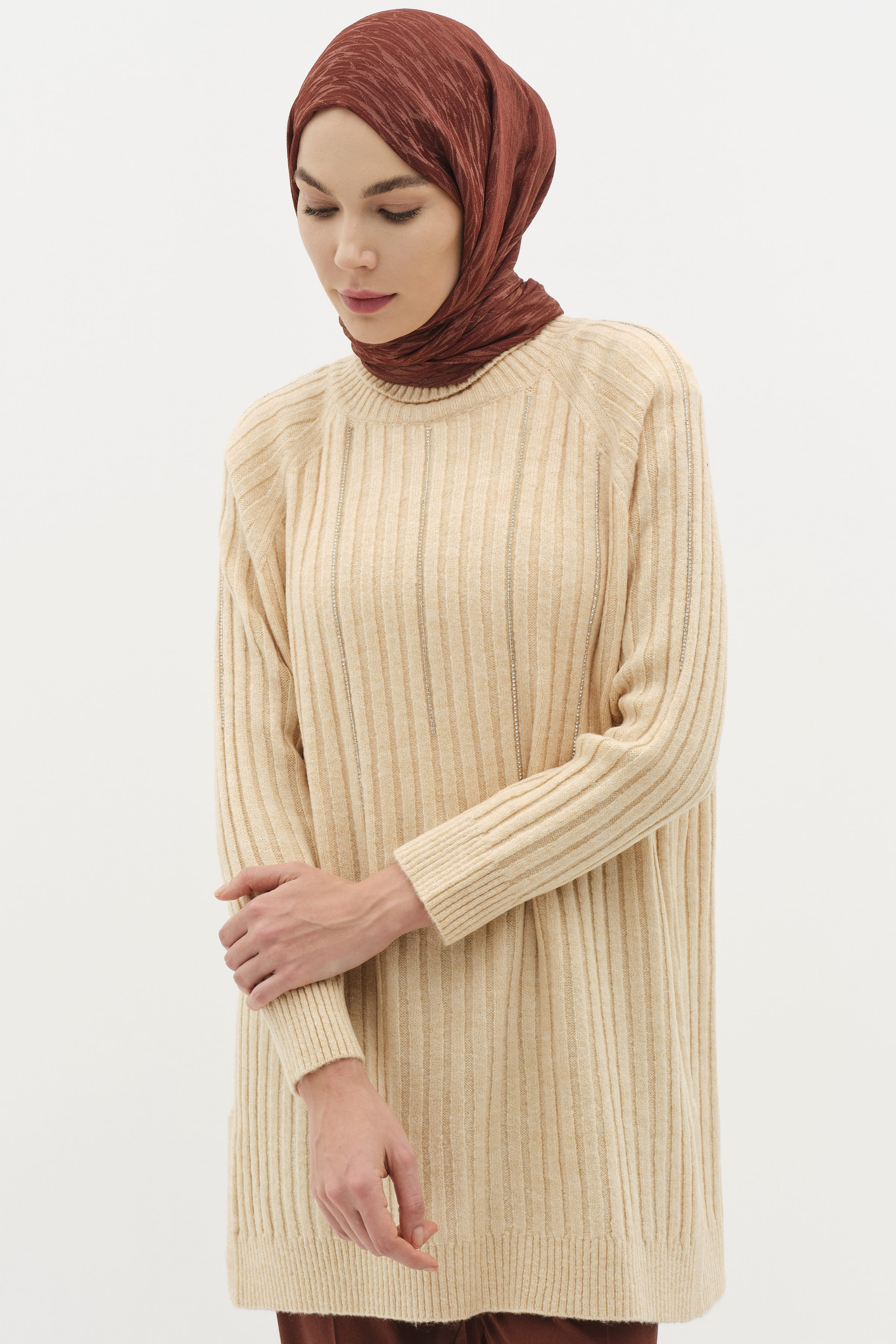 Boğazlı Reglan Kol Triko Kazak - Bej TUĞBA