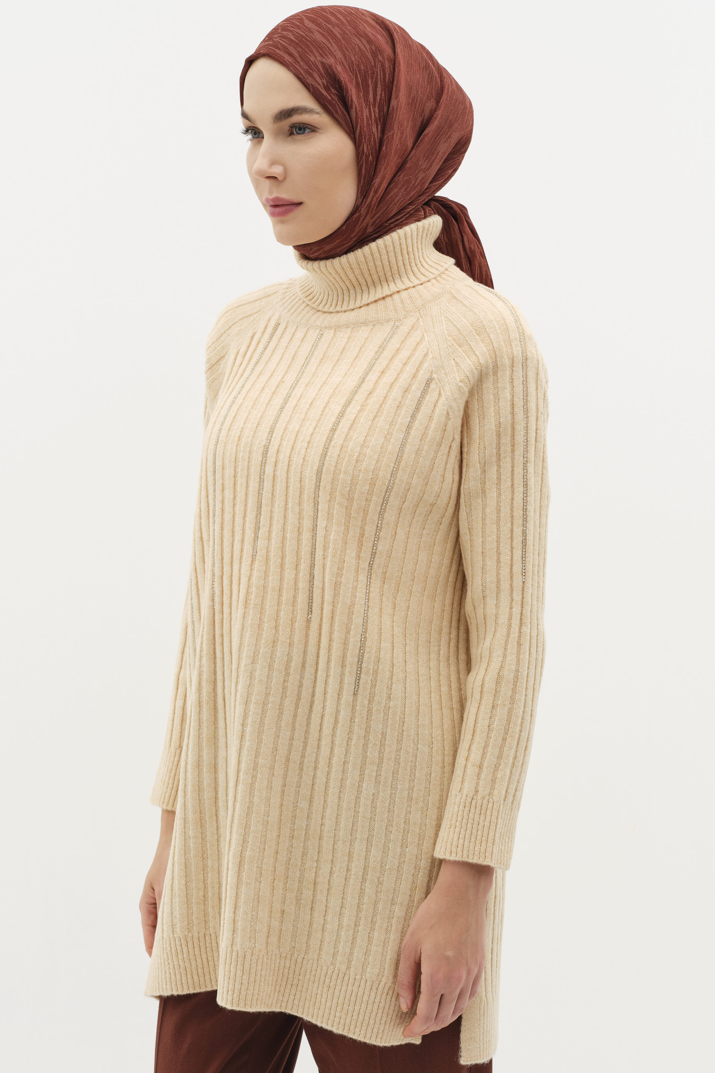 Boğazlı Reglan Kol Triko Kazak - Bej TUĞBA
