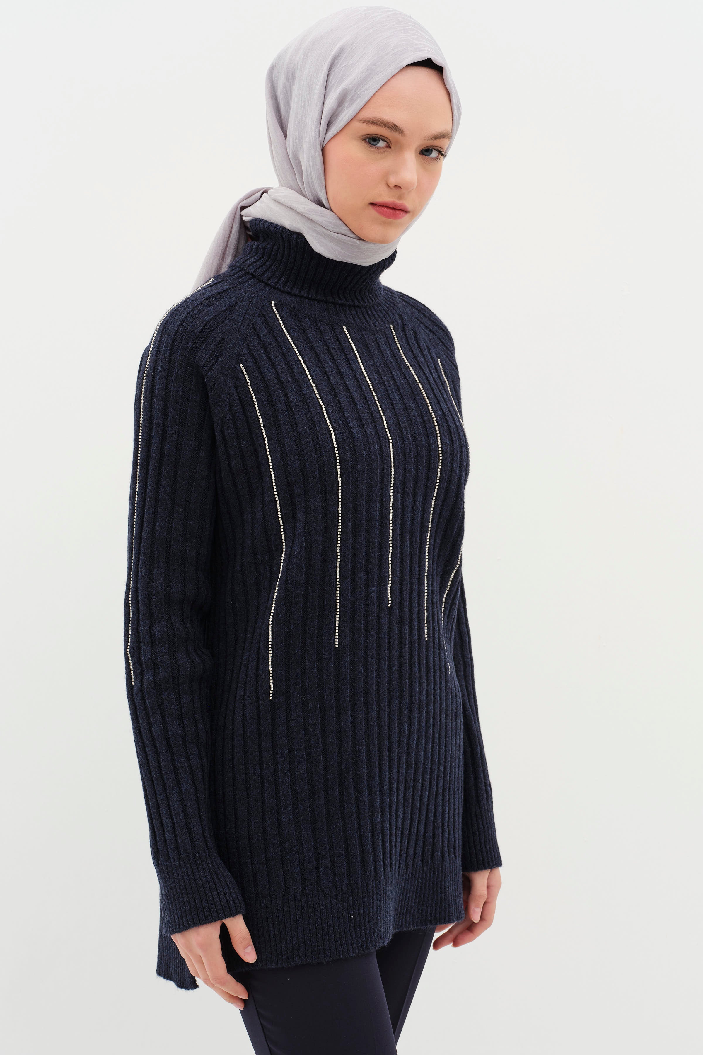 Boğazlı Reglan Kol Triko Kazak - Lacivert TUGBA