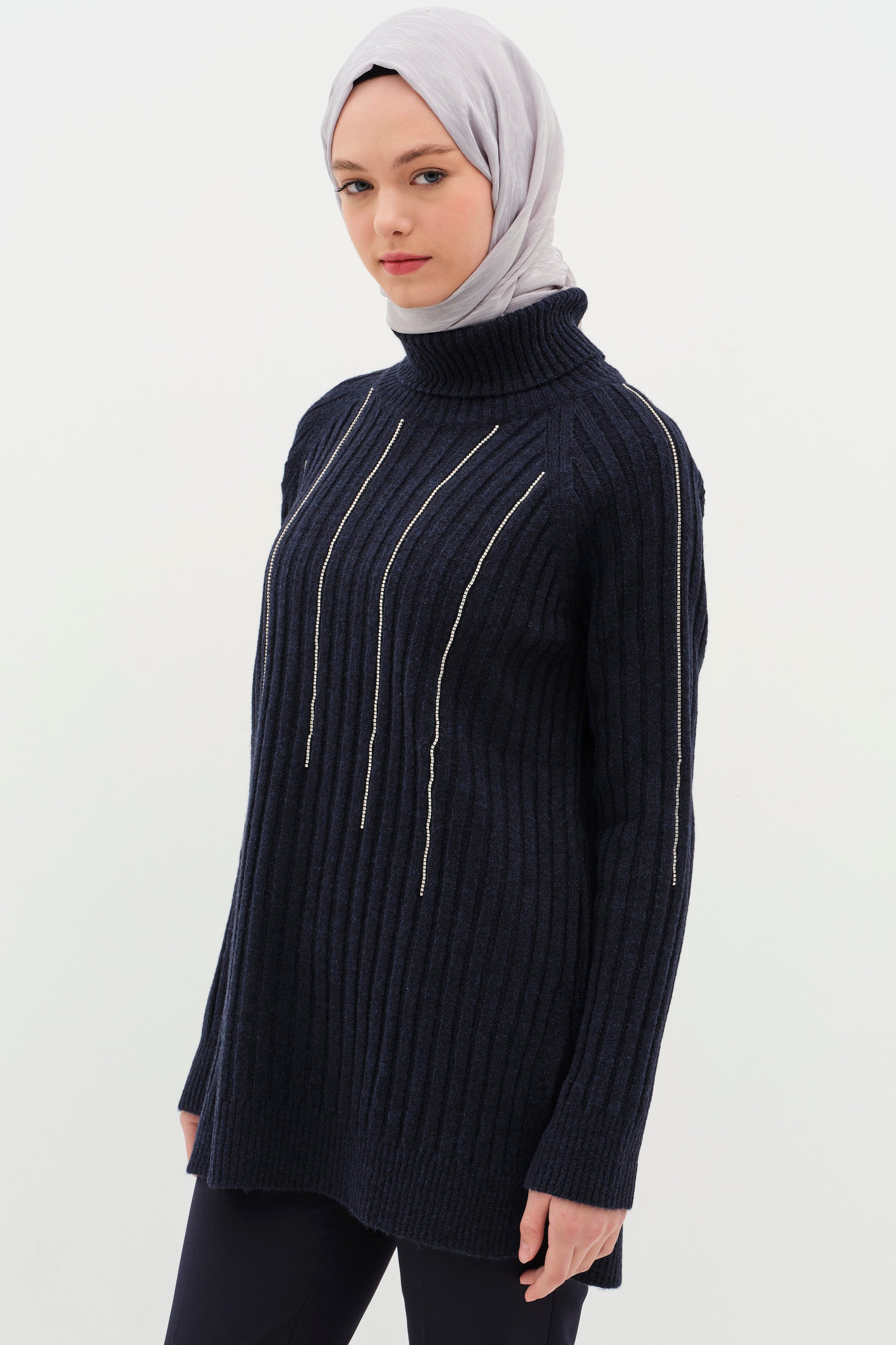 Boğazlı Reglan Kol Triko Kazak - Lacivert TUGBA