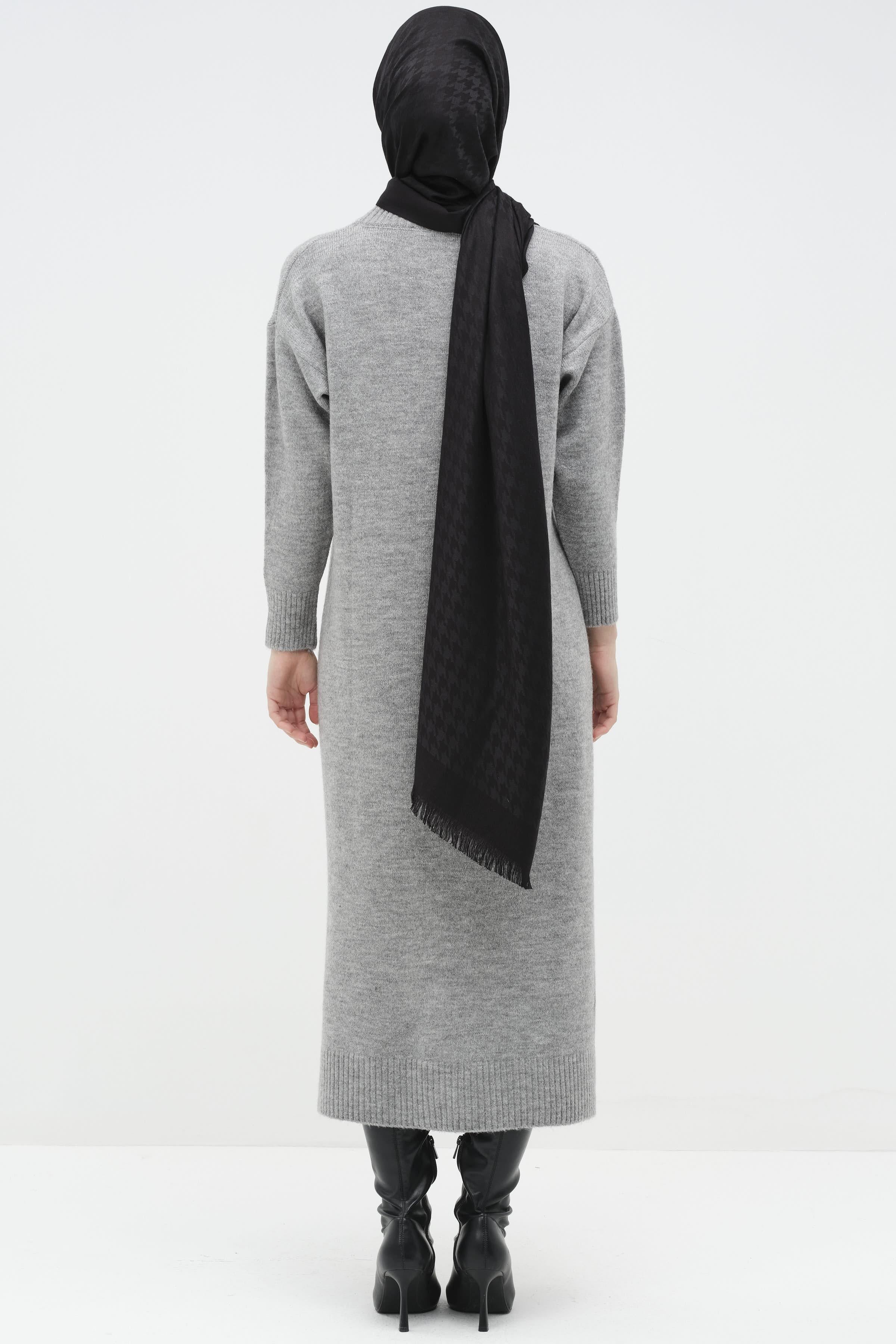 Boğazlı Triko Elbise - Gri TUGBA