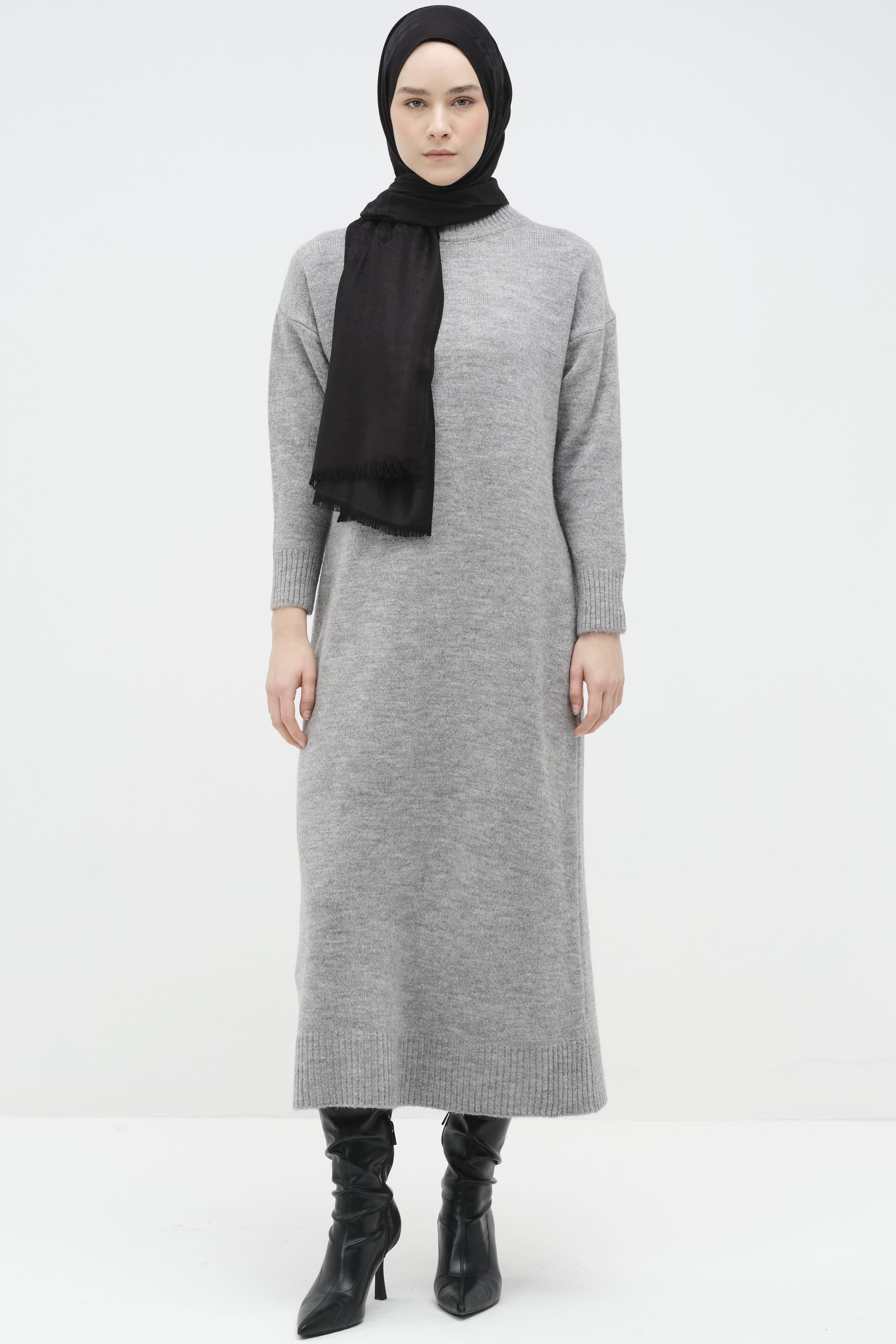 Boğazlı Triko Elbise - Gri TUGBA