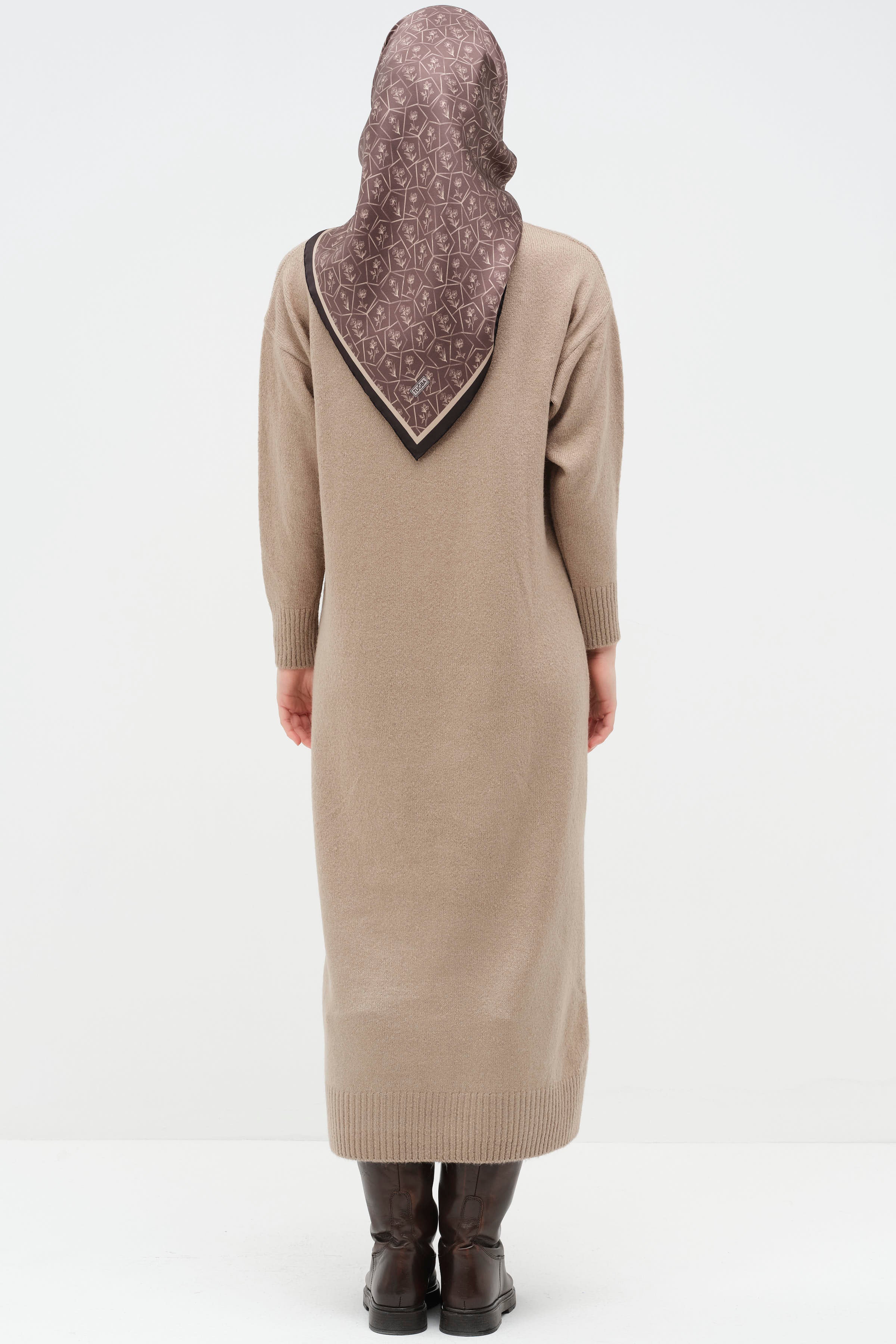 Boğazlı Triko Elbise - Vizon TUGBA