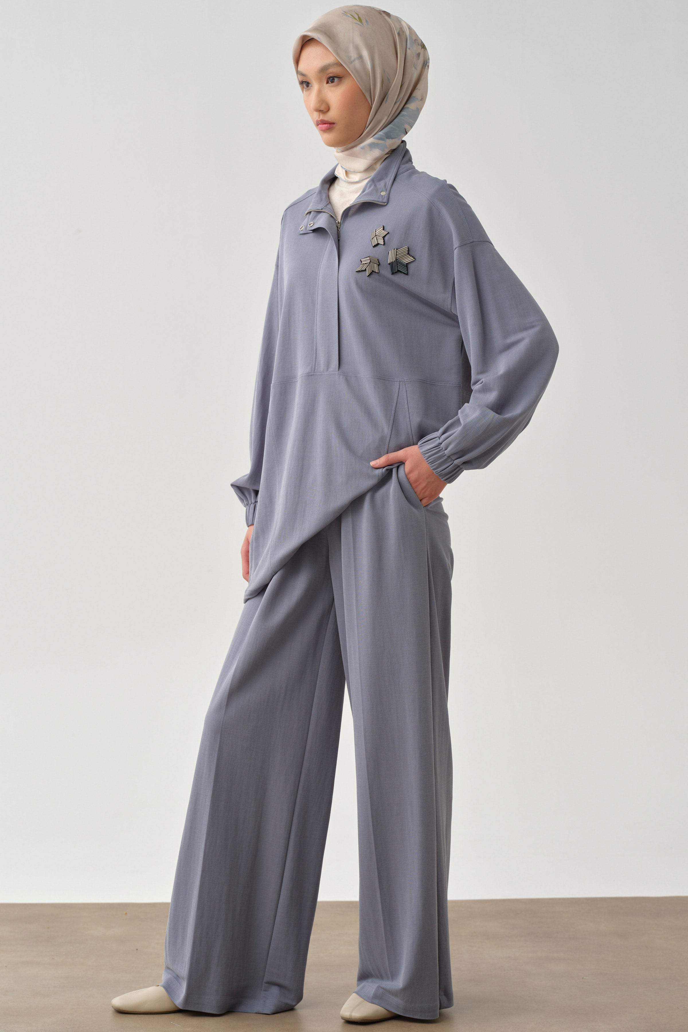 Bol Paça Bel Lastikli Pantolon - Mavi TUGBA