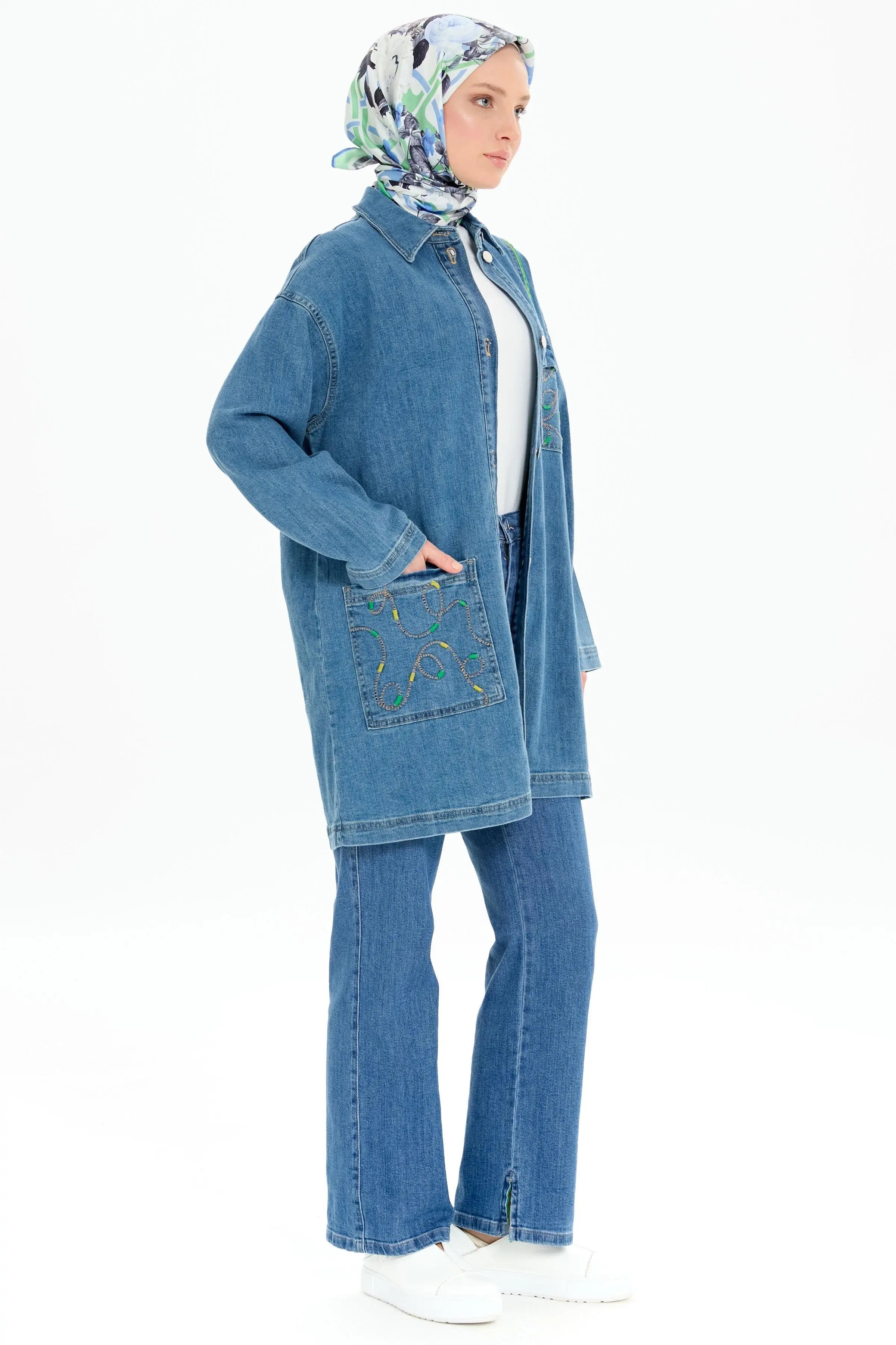 Bol Paça Yırtmaçlı Denim Pantolon - İndigo TUGBA