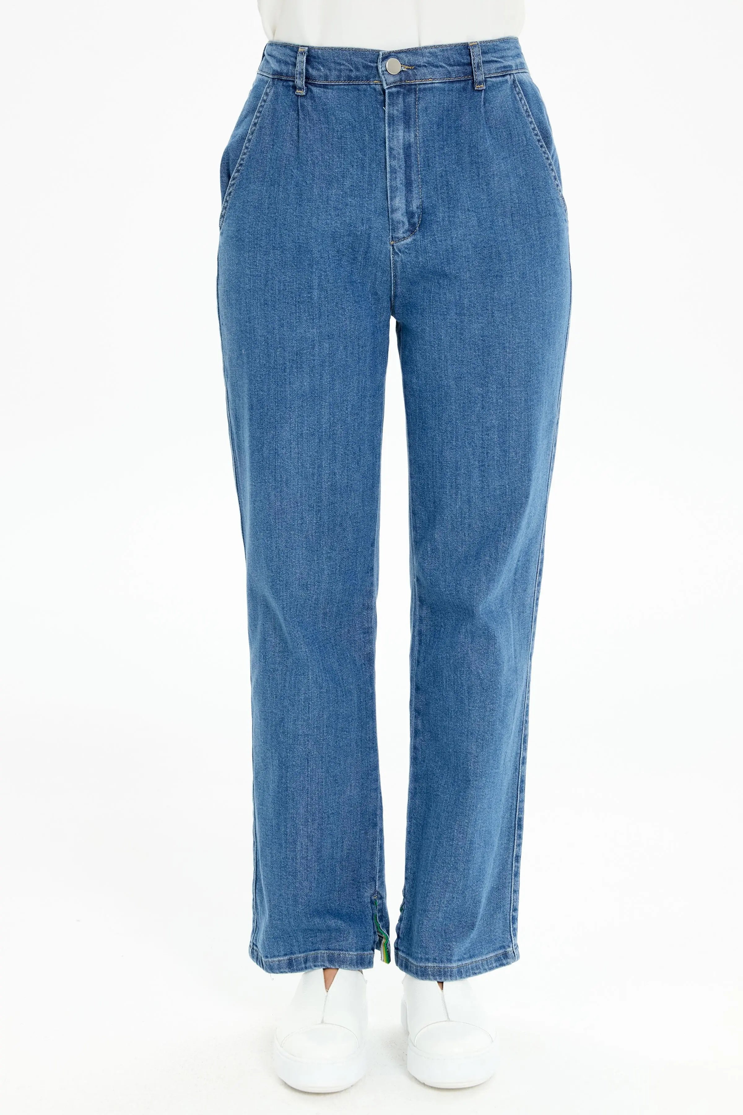 Bol Paça Yırtmaçlı Denim Pantolon - İndigo TUGBA