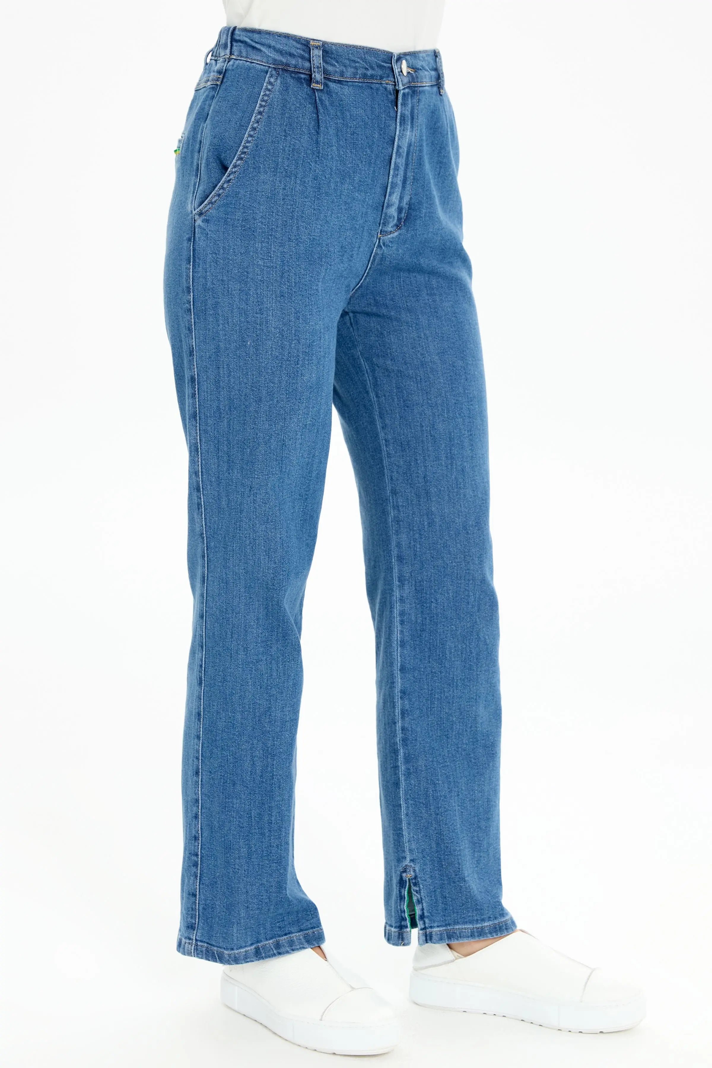 Bol Paça Yırtmaçlı Denim Pantolon - İndigo TUGBA