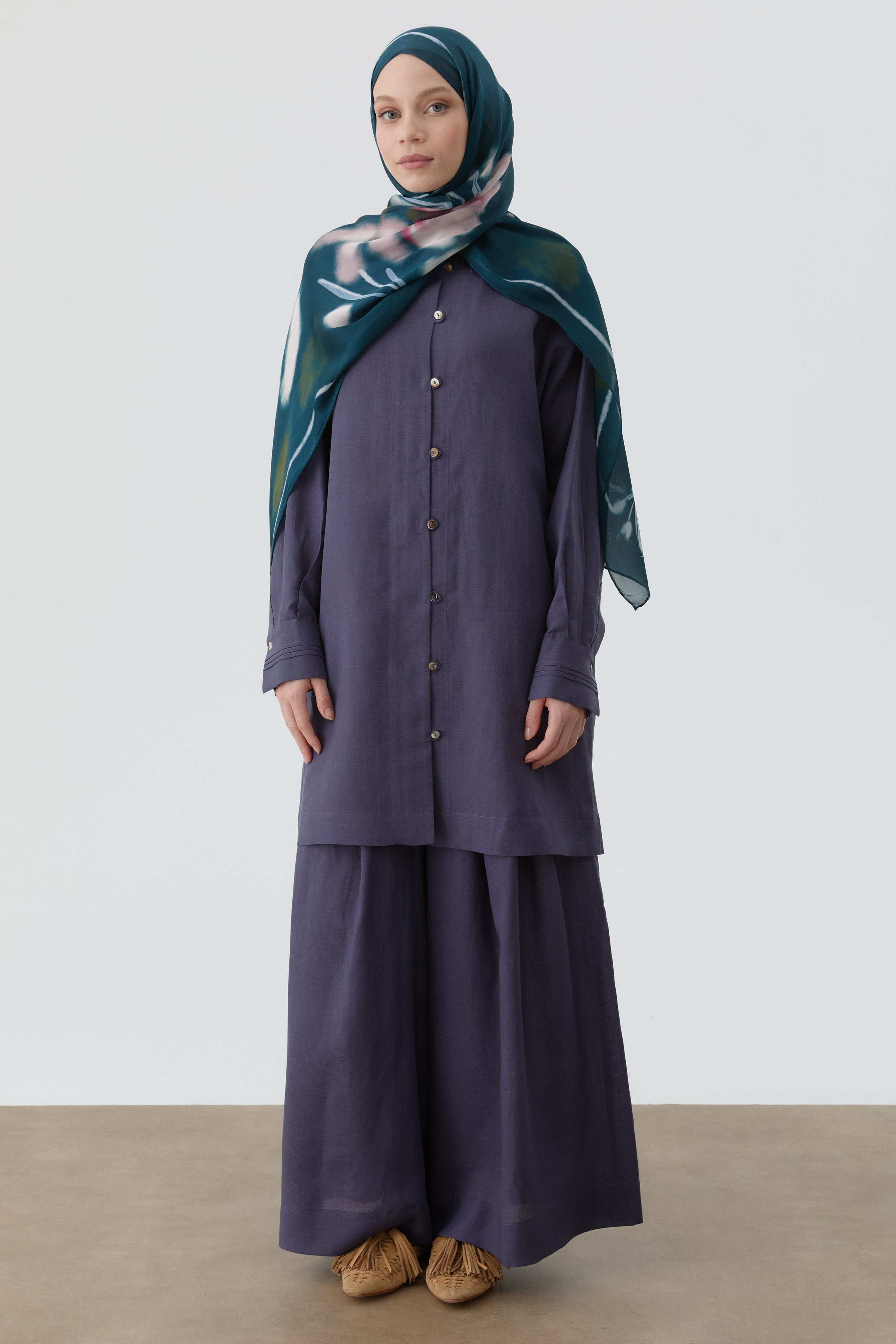 Brit Düğmeli Yırtmaçlı Tunik - İndigo TUGBA