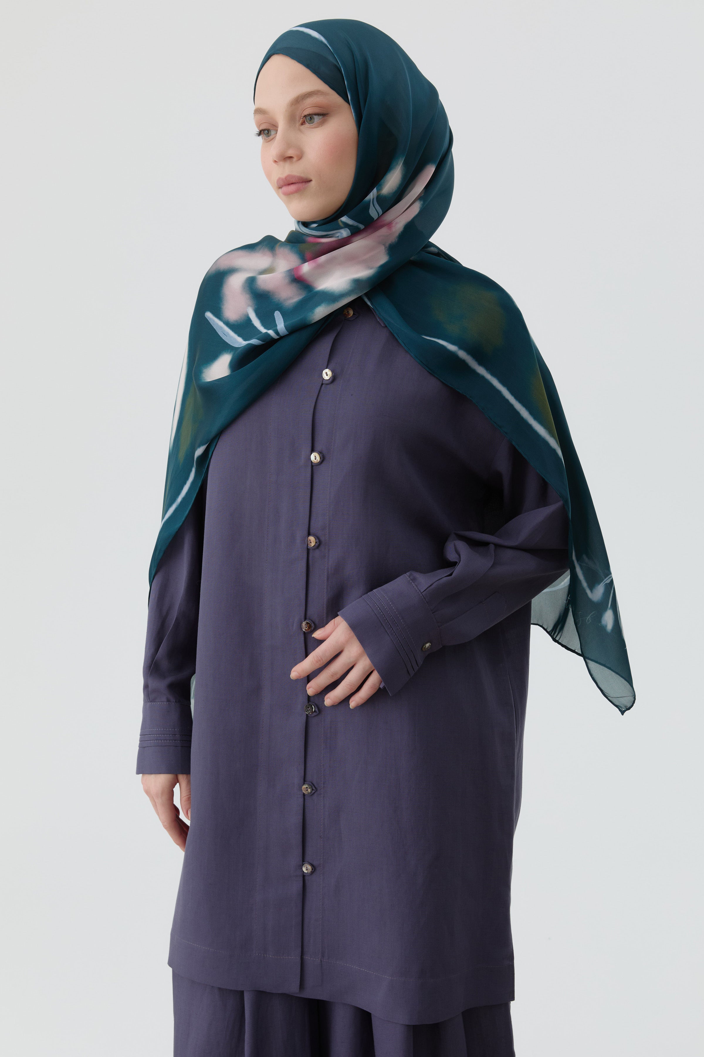 Brit Düğmeli Yırtmaçlı Tunik - İndigo TUGBA