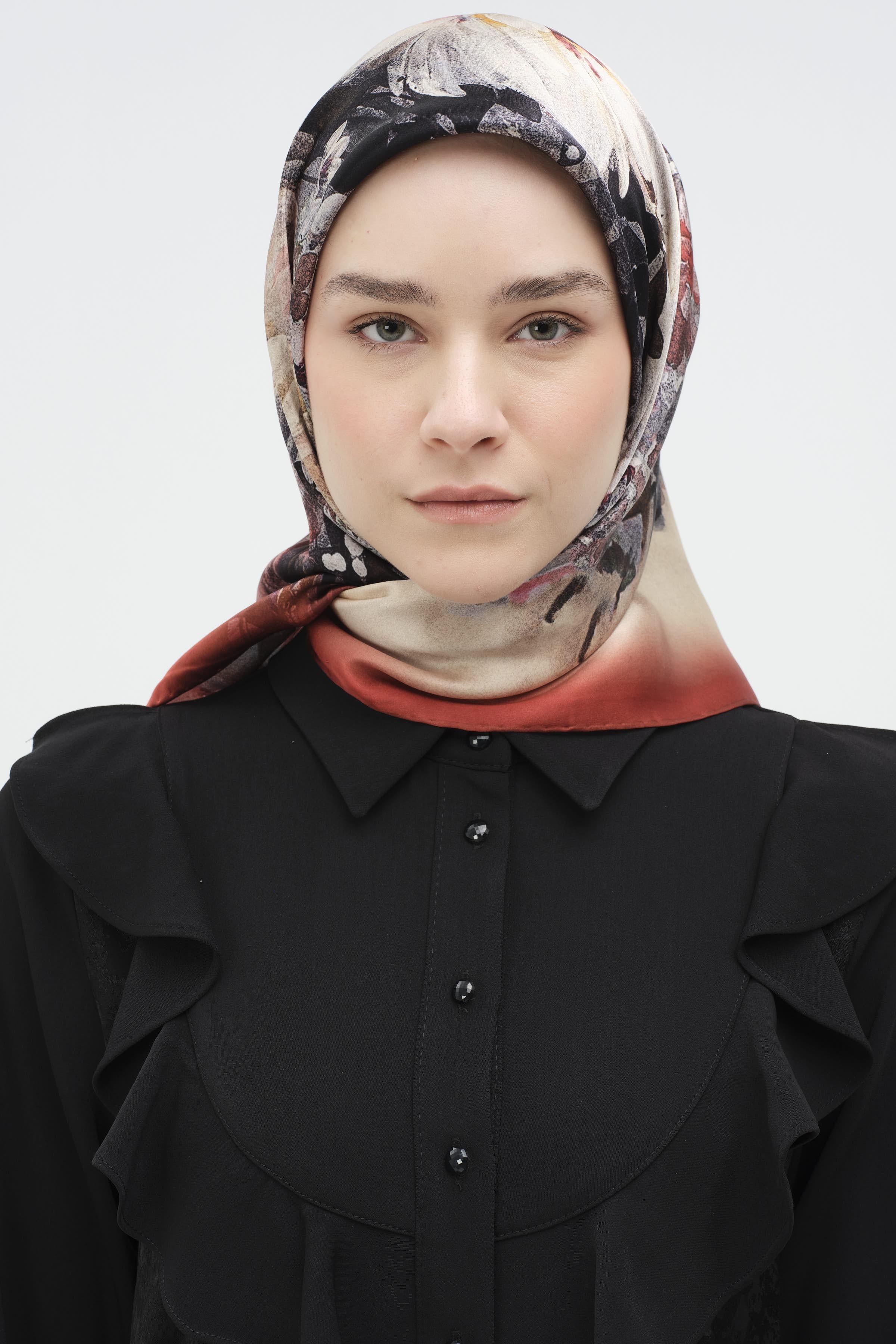 Buket Desenli Sura İpek Eşarp - Bordo TUGBA