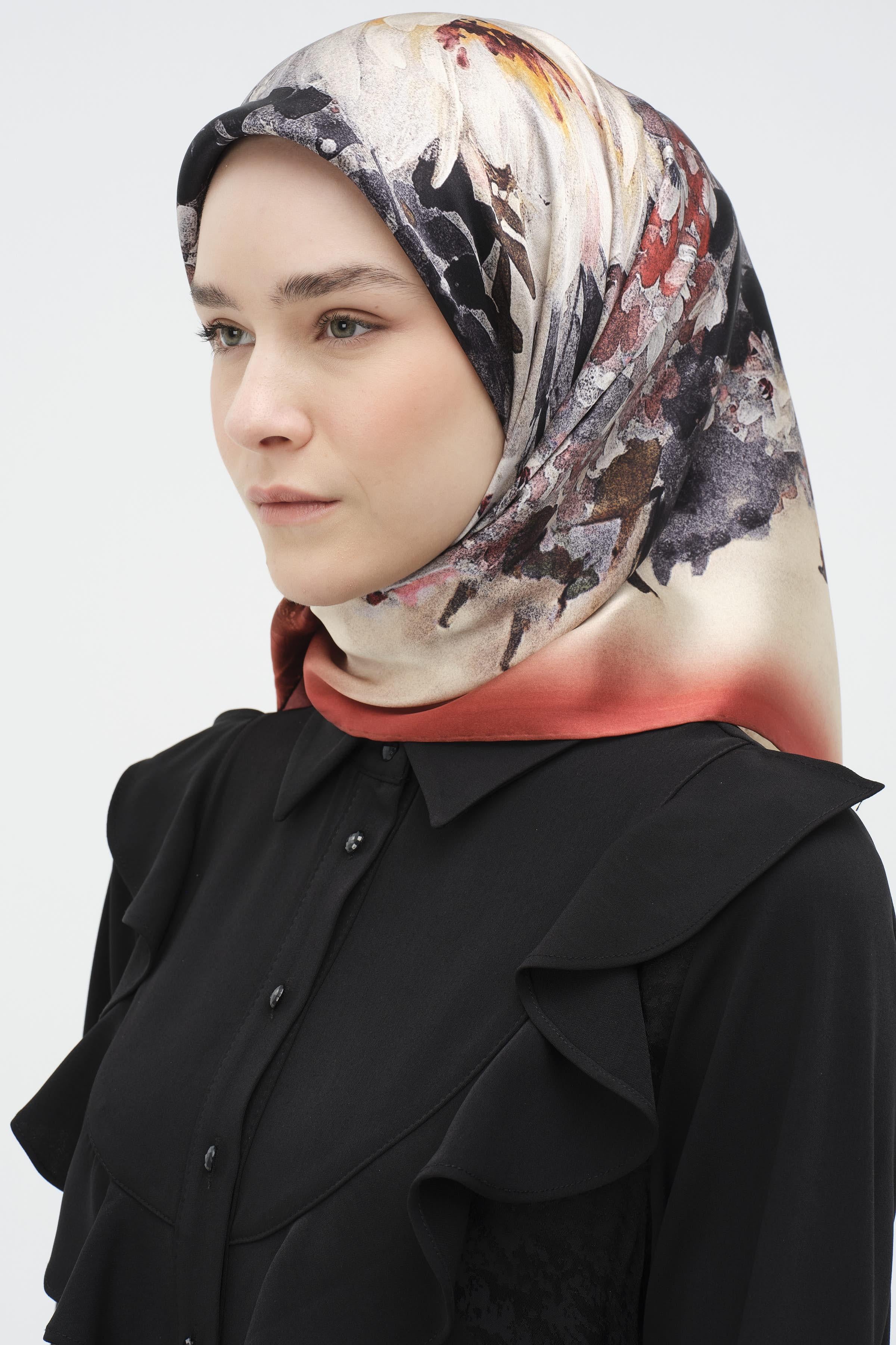 Buket Desenli Sura İpek Eşarp - Bordo TUGBA