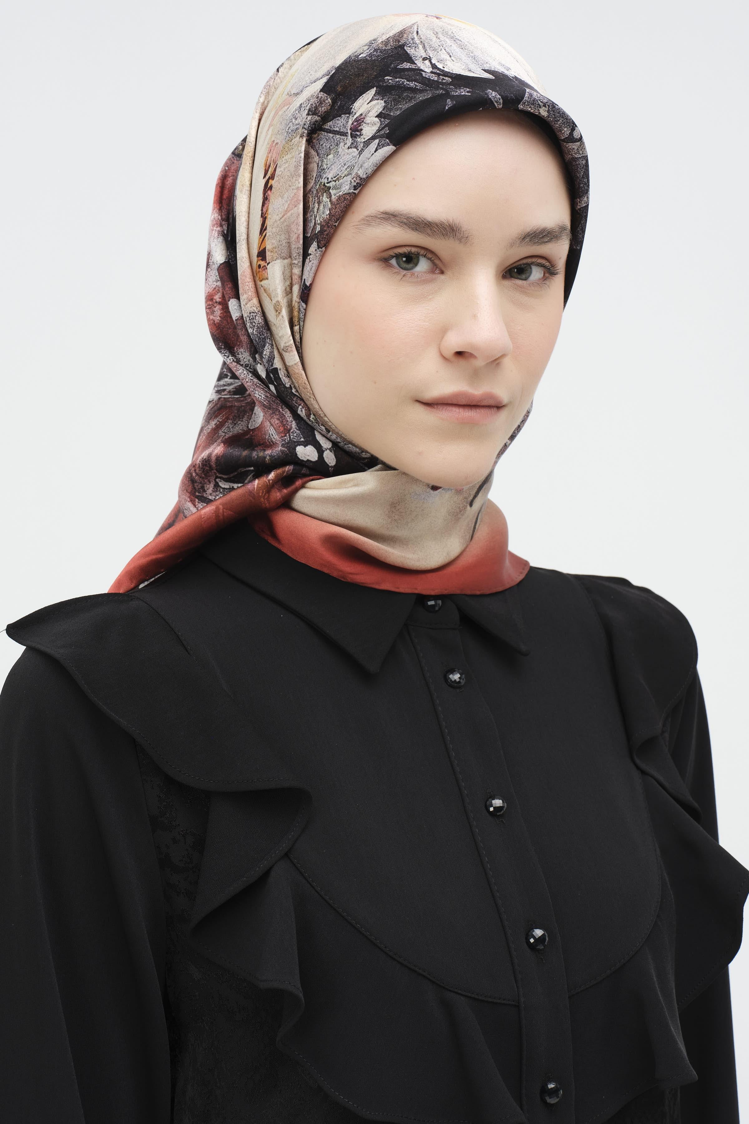 Buket Desenli Sura İpek Eşarp - Bordo TUGBA