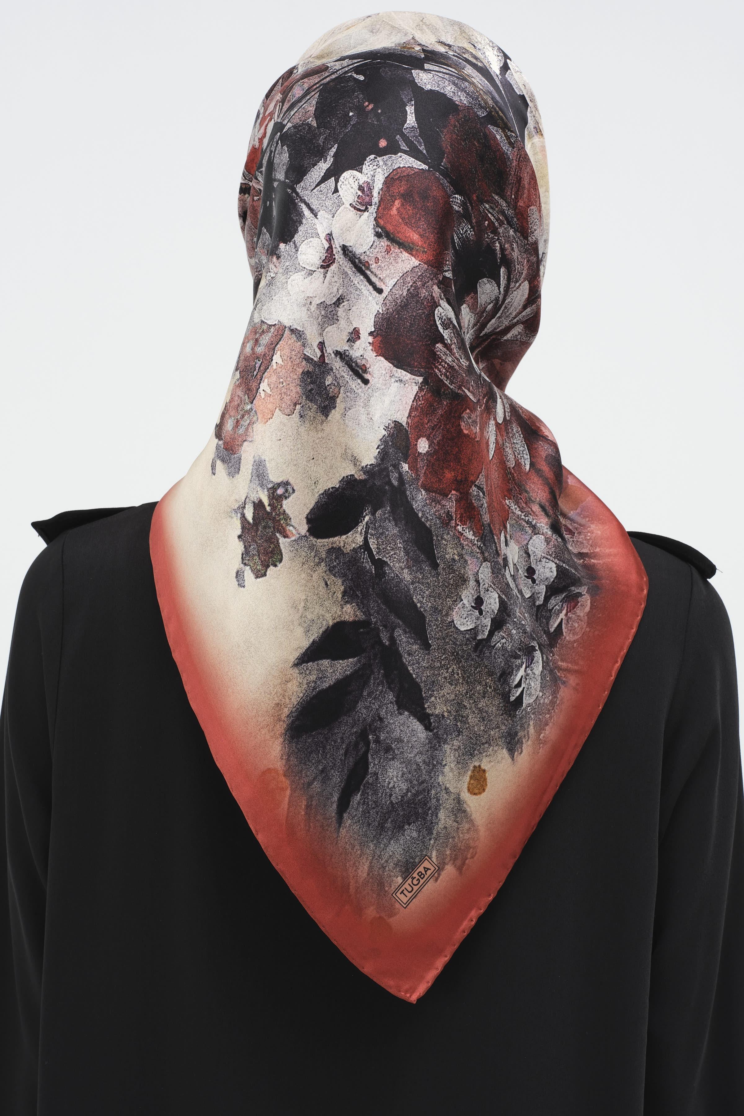 Buket Desenli Sura İpek Eşarp - Bordo TUGBA