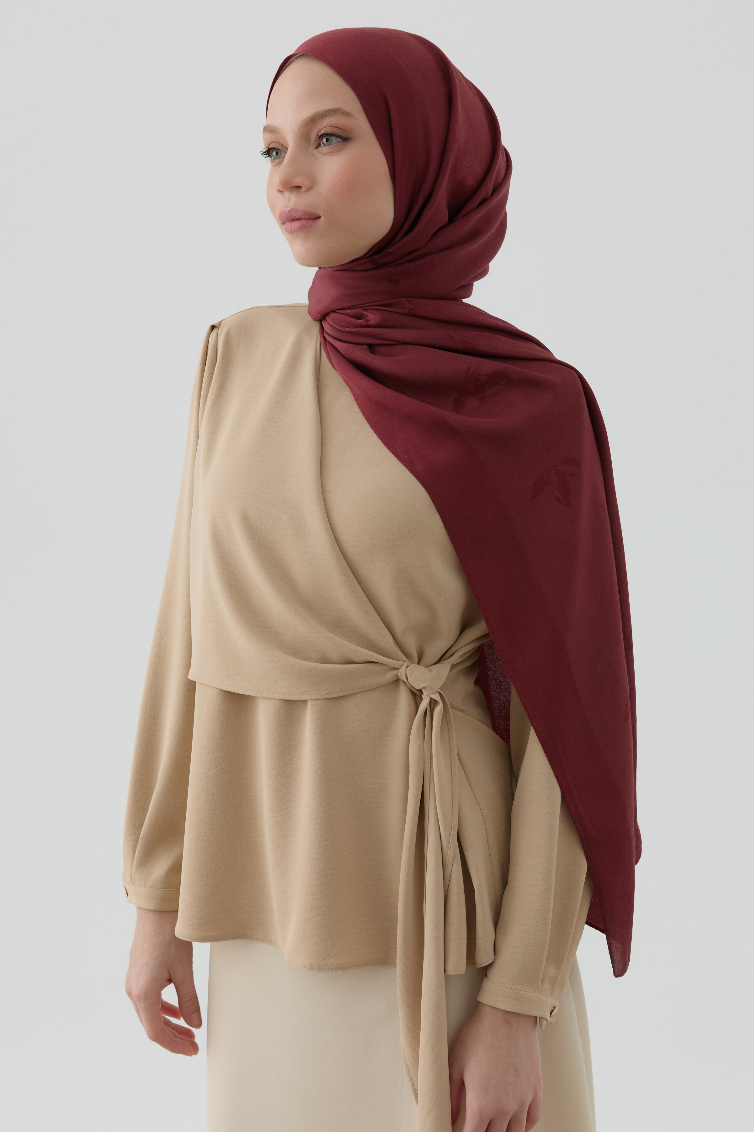 Buket Jakar Naturel Şal - Bordo TUGBA