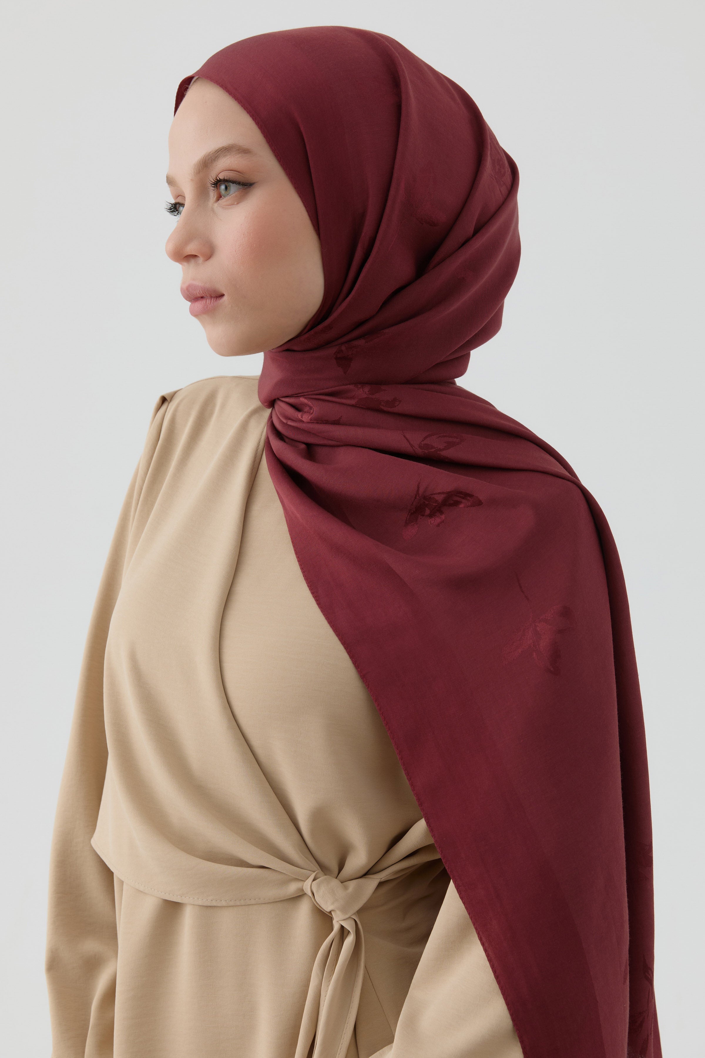 Buket Jakar Naturel Şal - Bordo TUGBA