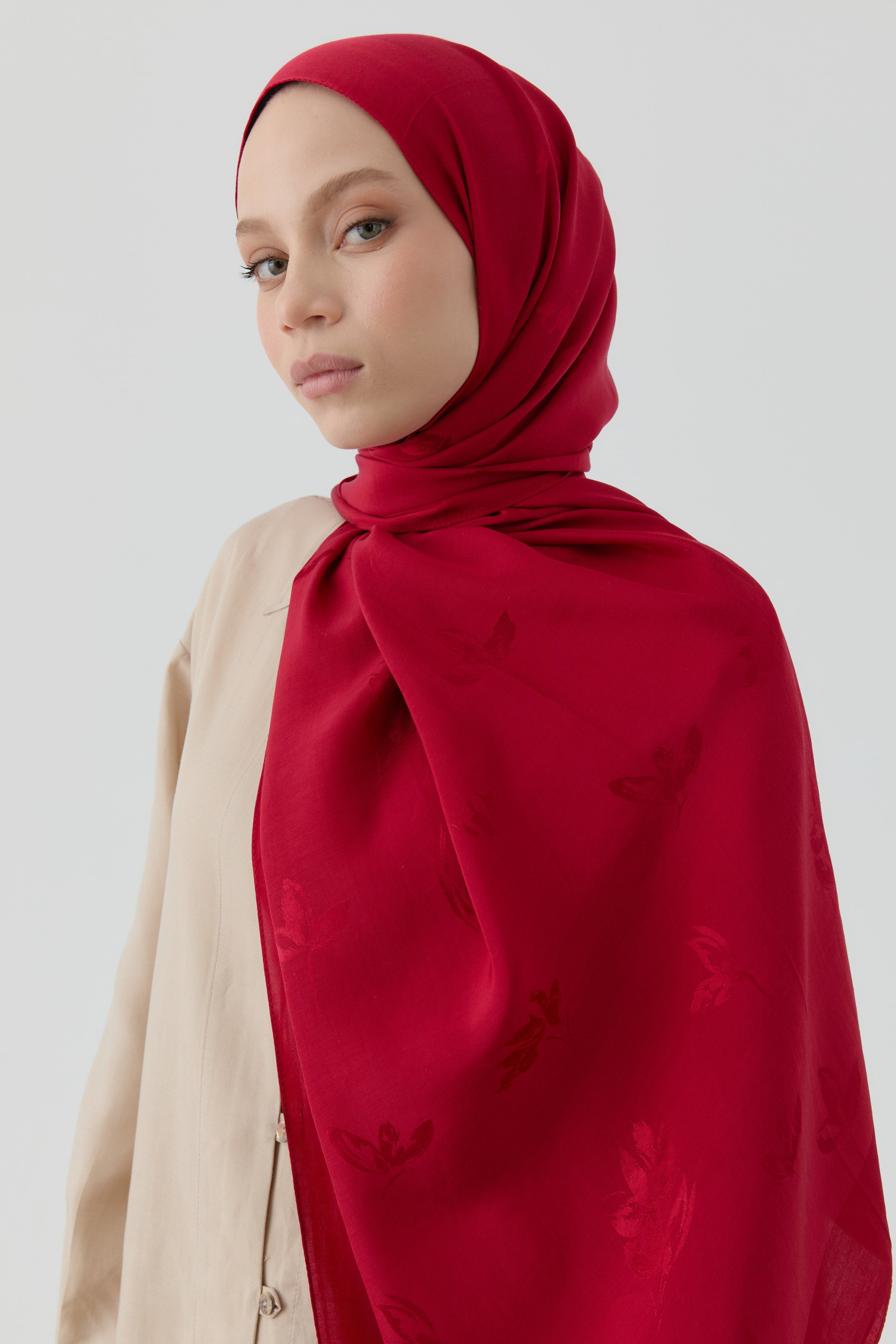 Buket Jakar Naturel Şal - Kırmızı TUGBA