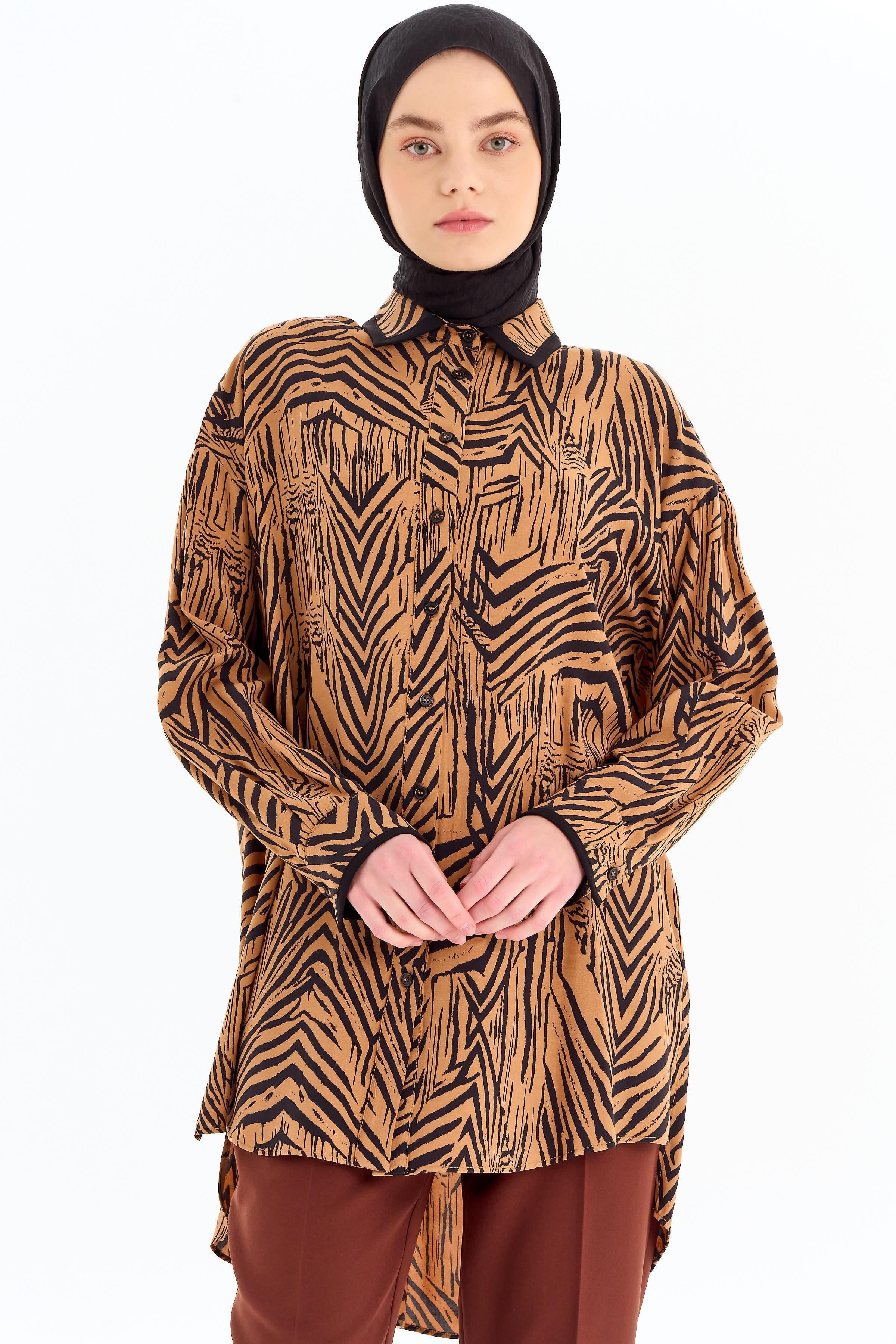 Büyük Beden Garnili Desenli Tunik - Kahve TUGBA