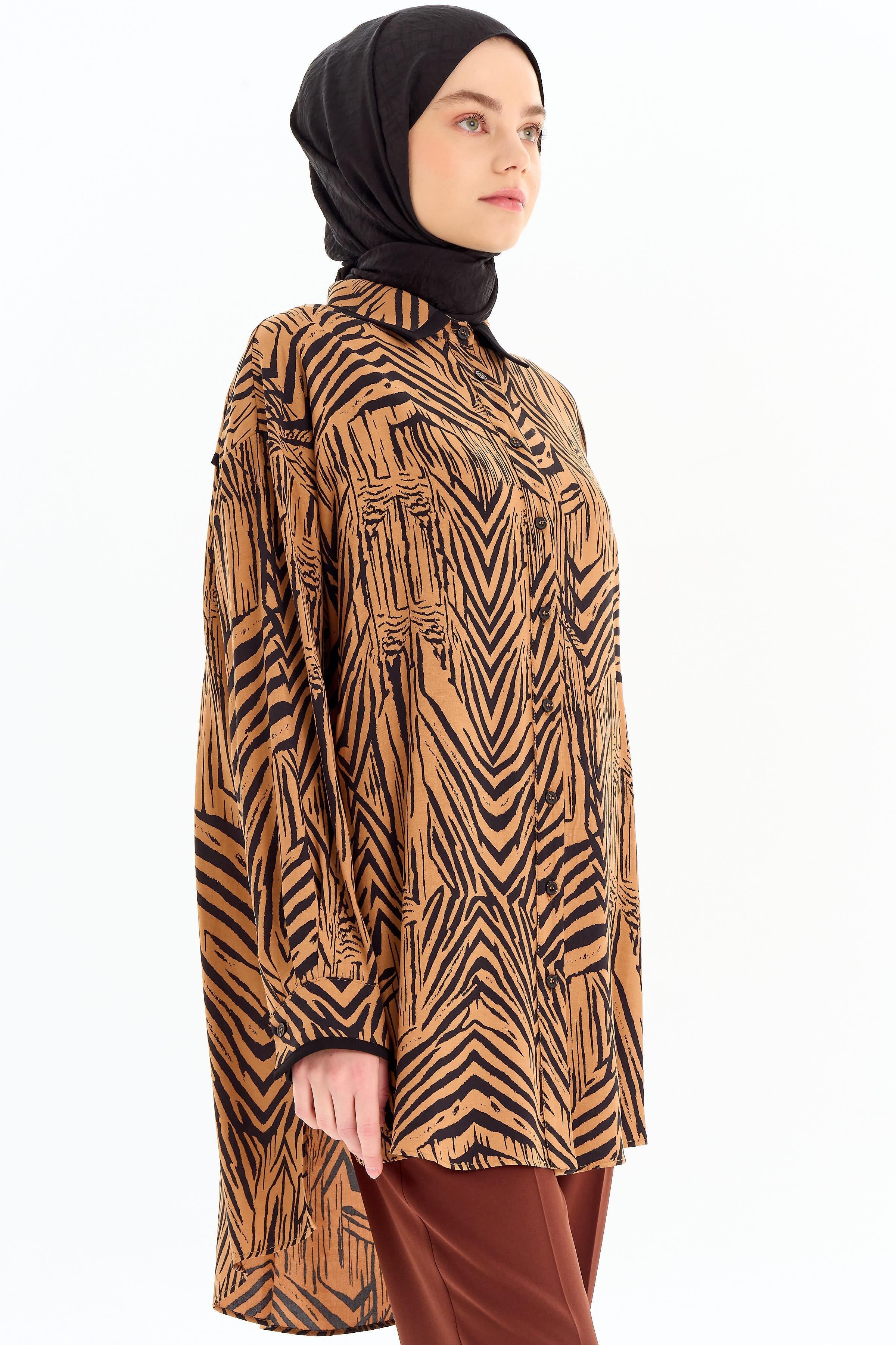 Büyük Beden Garnili Desenli Tunik - Kahve TUGBA