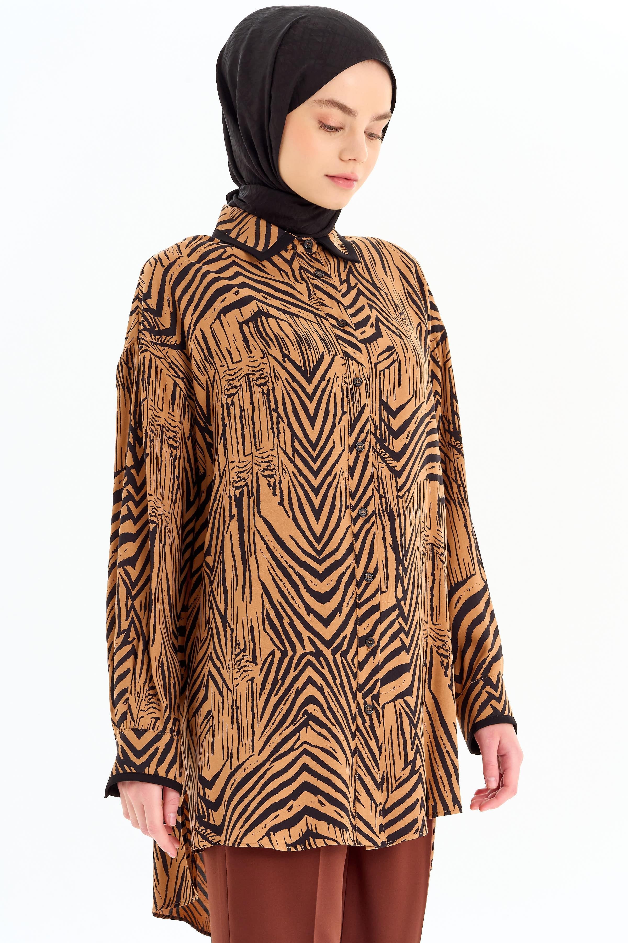 Büyük Beden Garnili Desenli Tunik - Kahve TUGBA