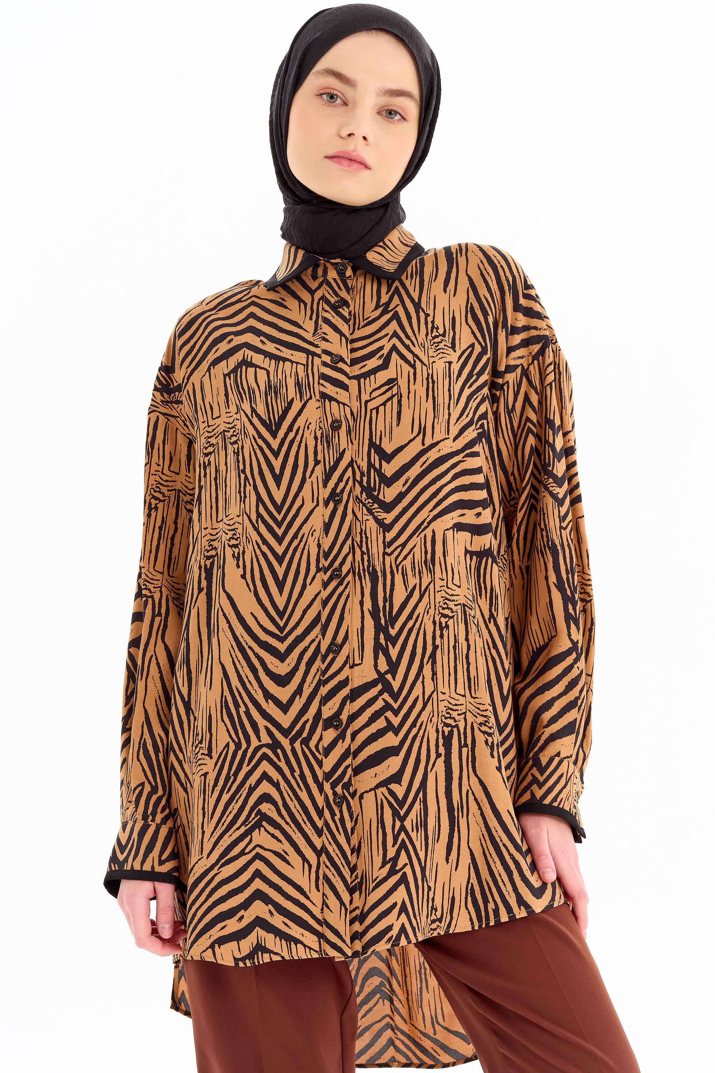 Büyük Beden Garnili Desenli Tunik - Kahve TUGBA