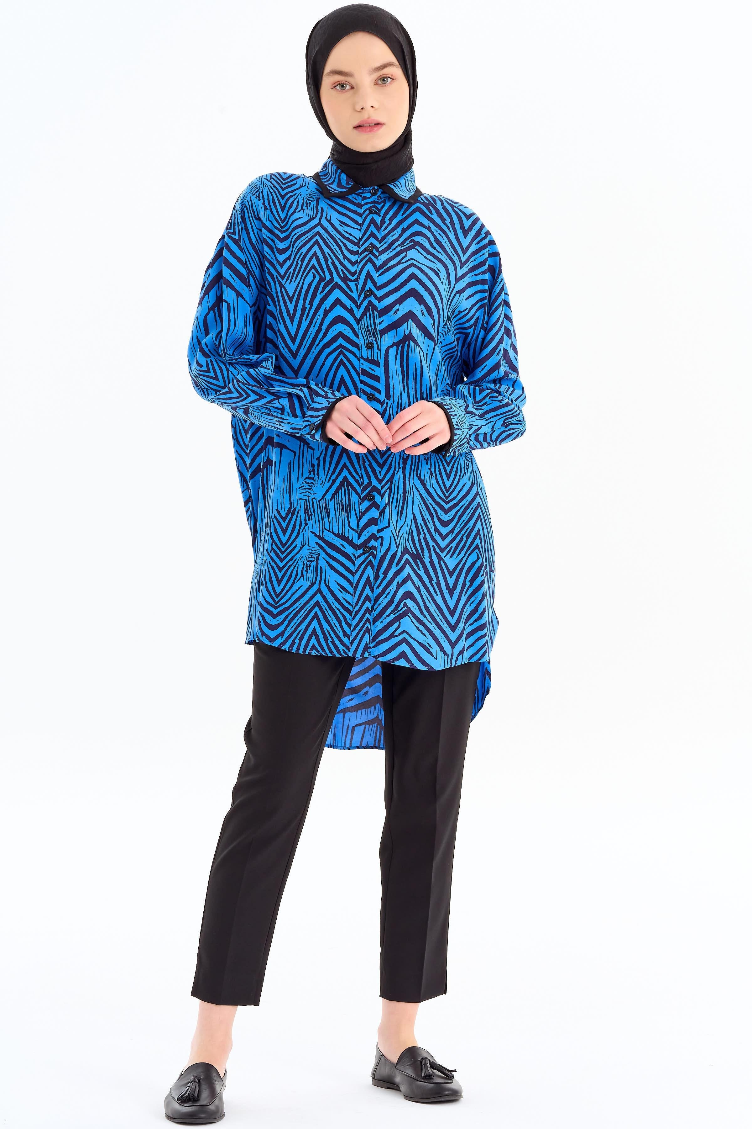 Büyük Beden Garnili Desenli Tunik - Saks TUGBA