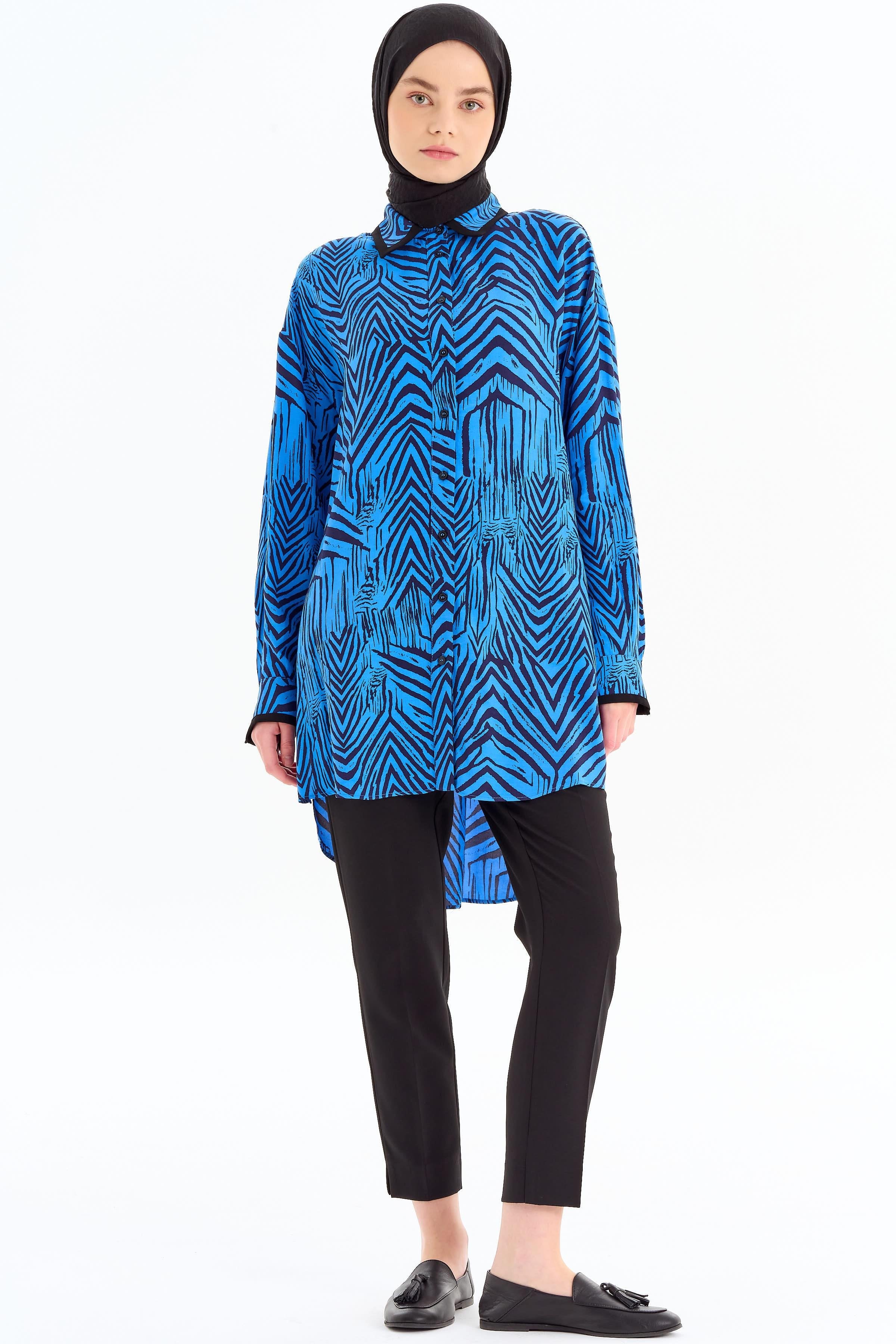 Büyük Beden Garnili Desenli Tunik - Saks TUGBA