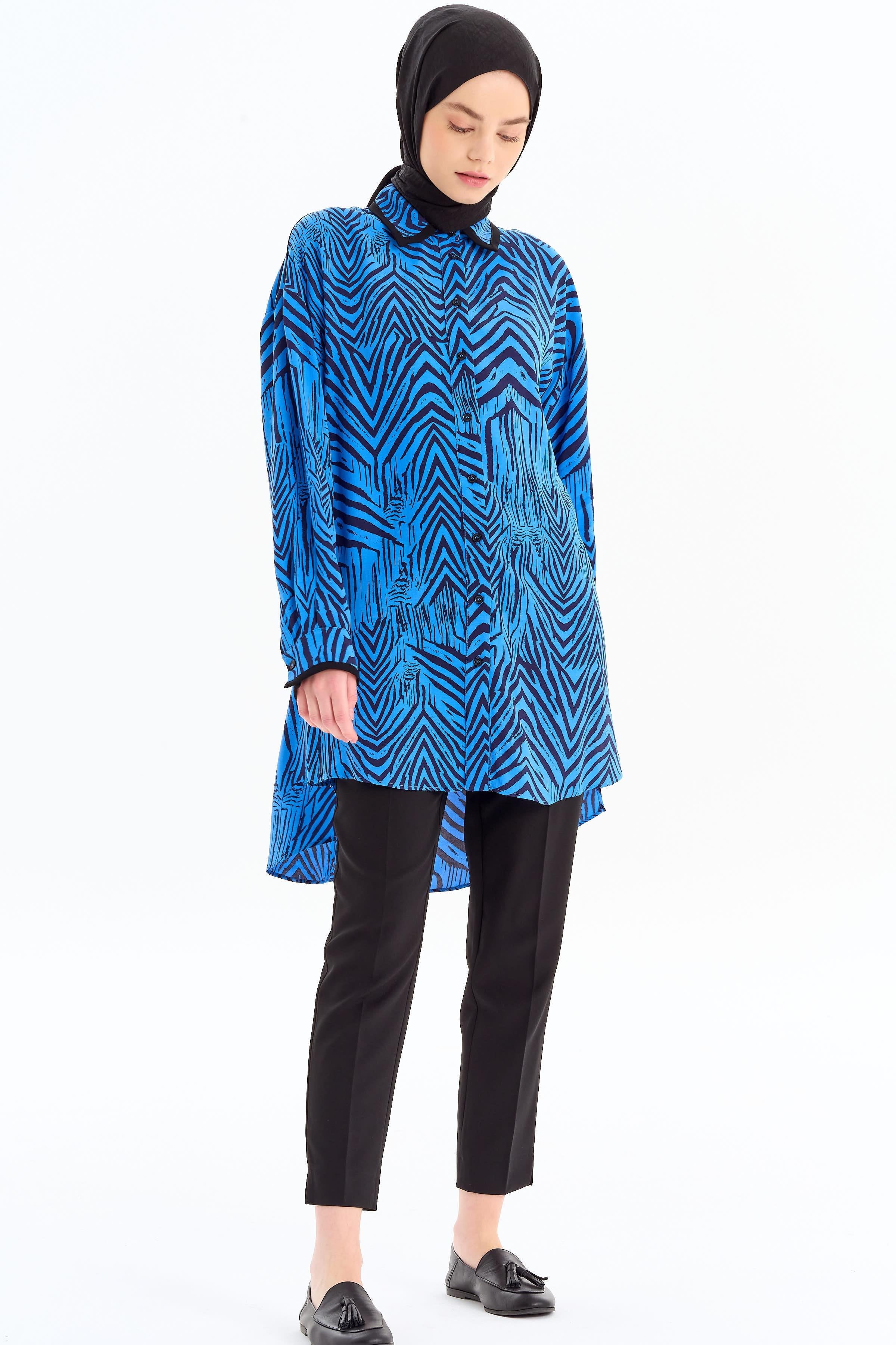 Büyük Beden Garnili Desenli Tunik - Saks TUGBA