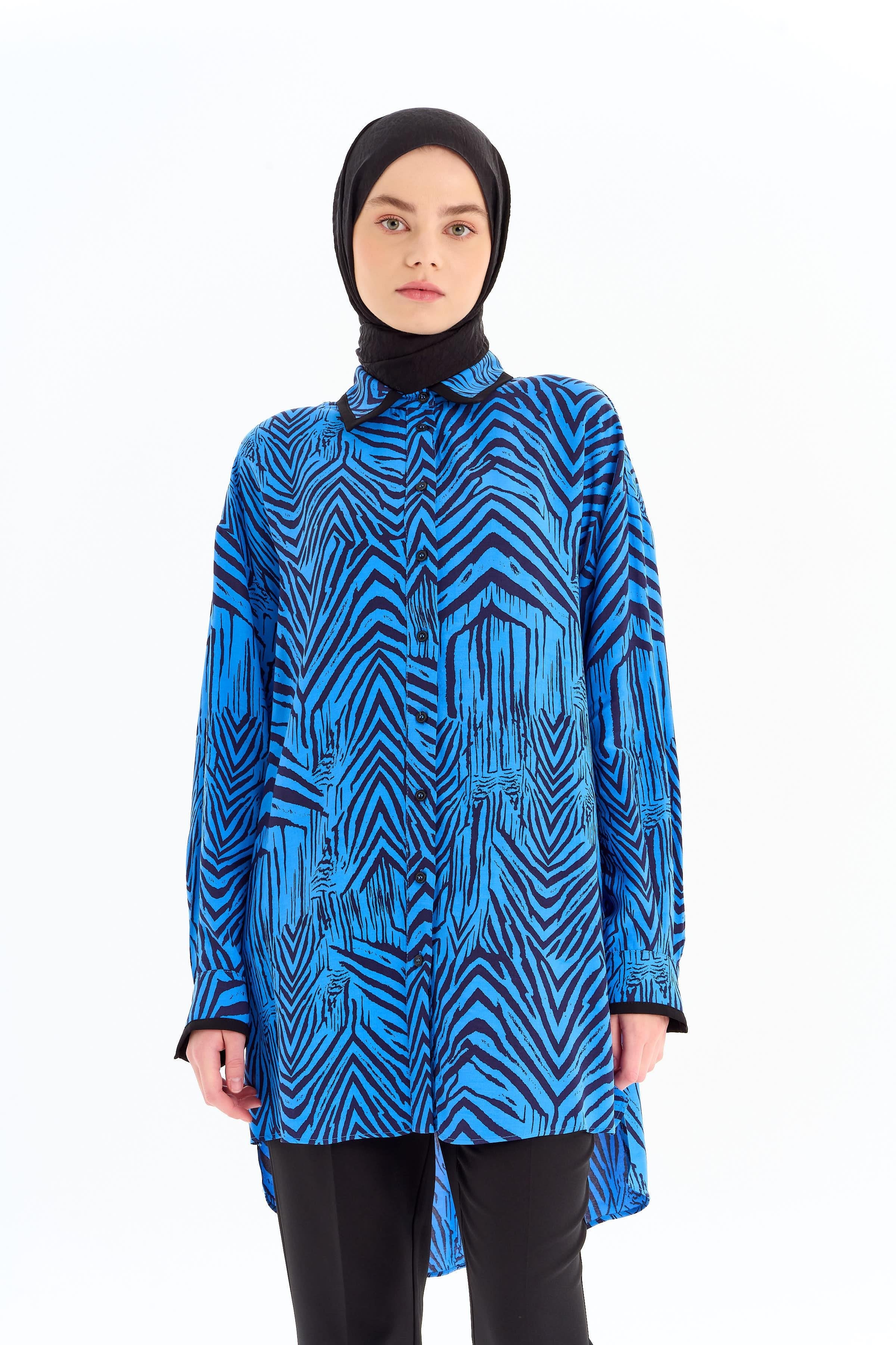 Büyük Beden Garnili Desenli Tunik - Saks TUGBA