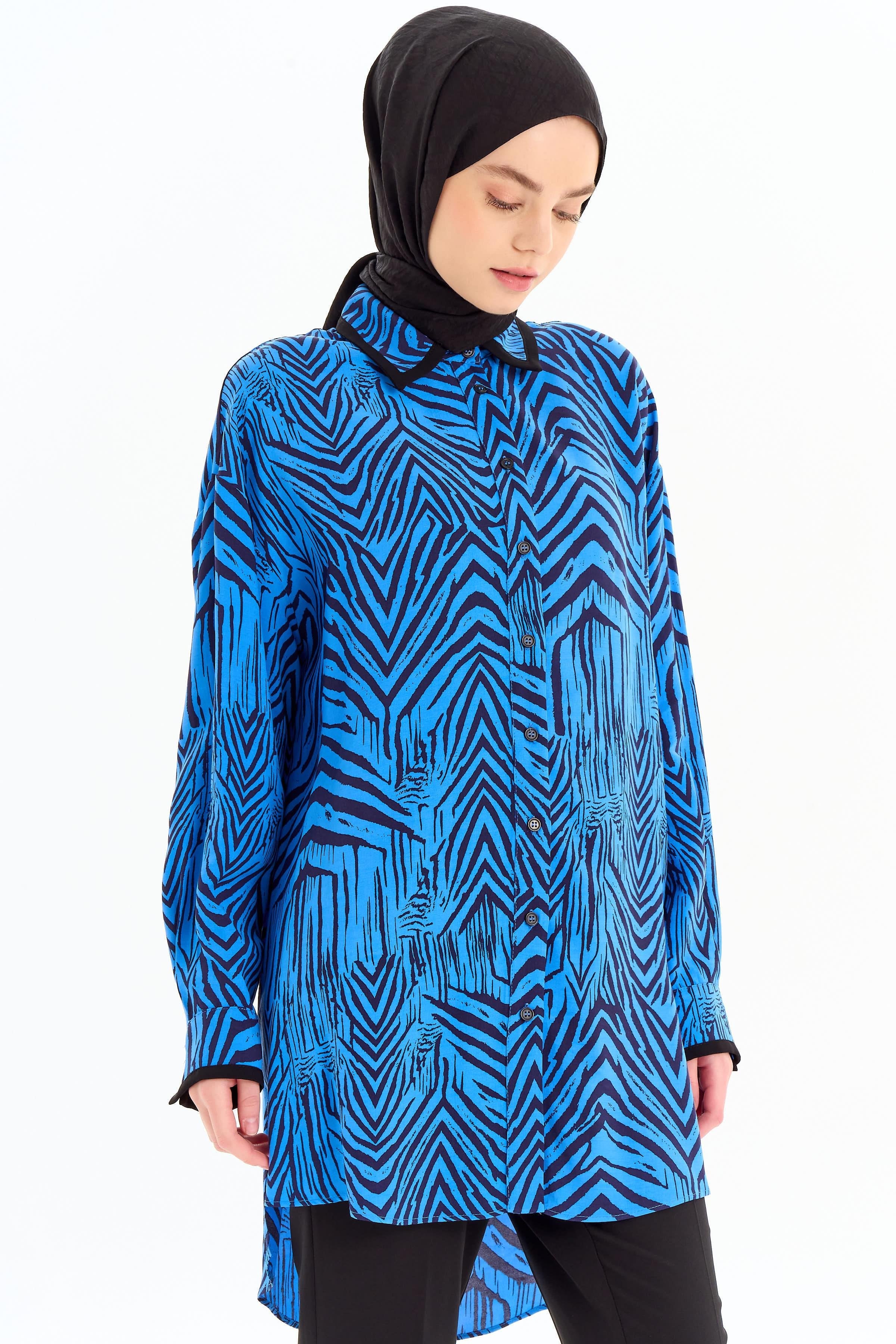 Büyük Beden Garnili Desenli Tunik - Saks TUGBA