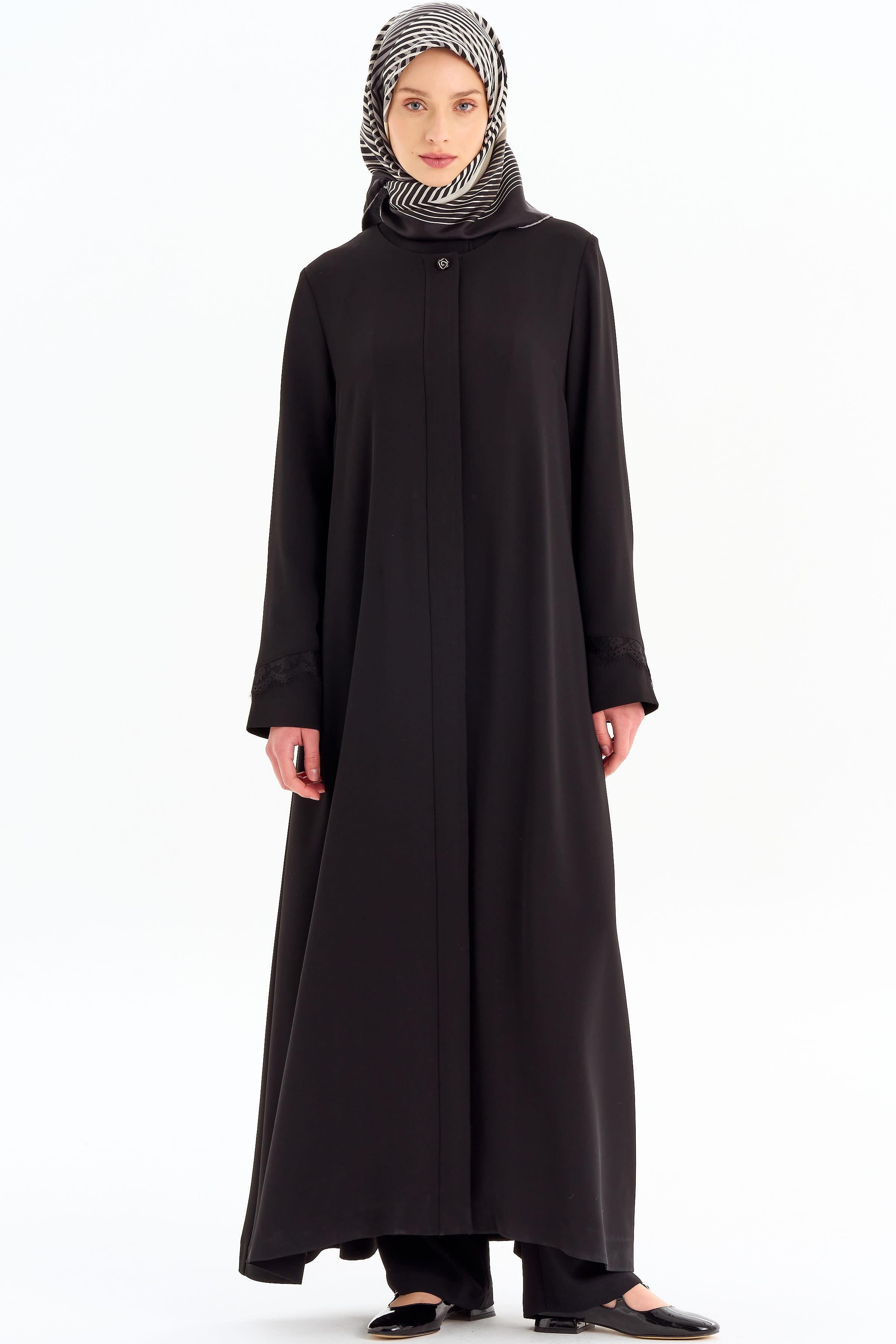 Büyük Beden Kolları Dantelli Ferace - Siyah TUGBA