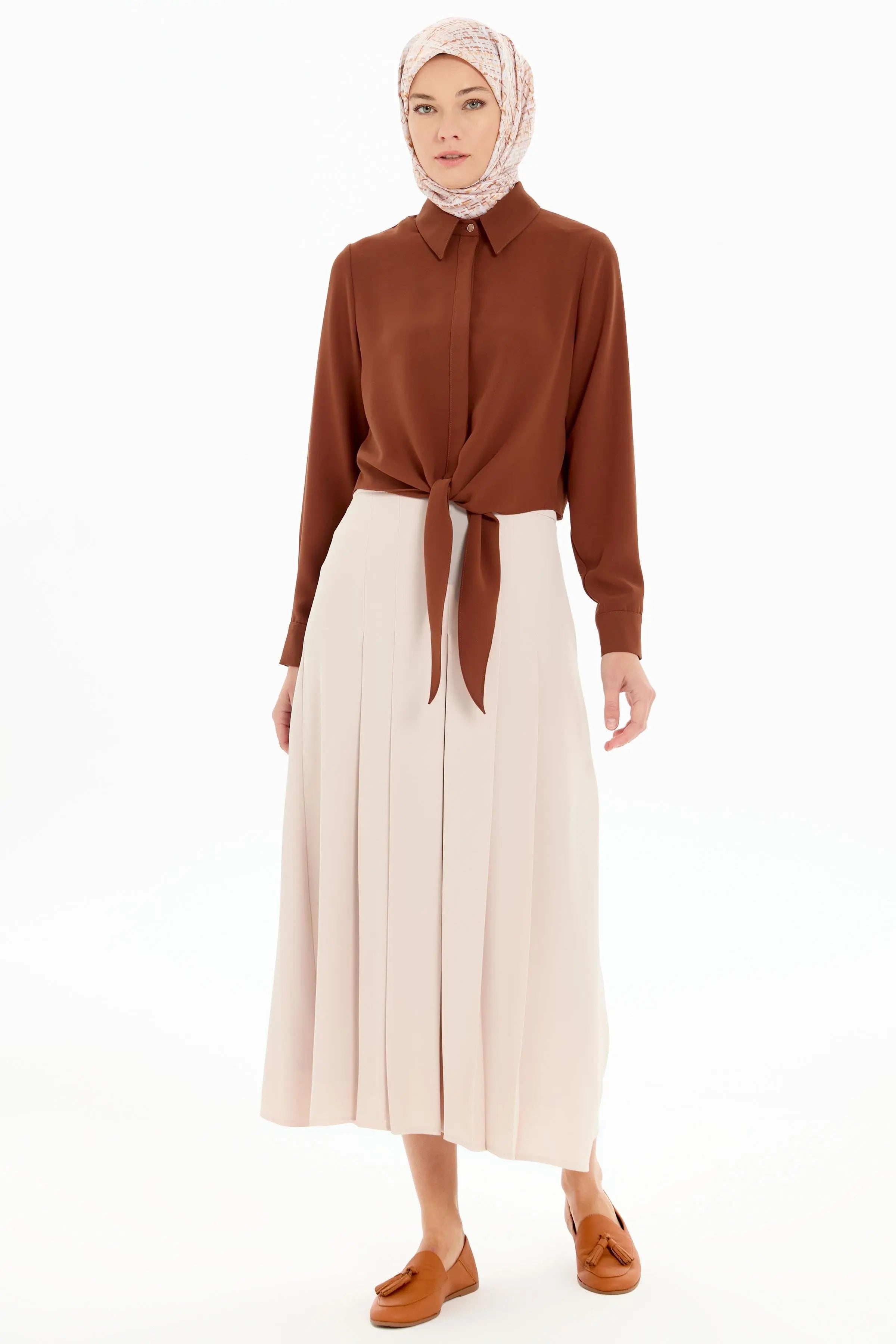 Büyük Beden Pili Detaylı Etek - Bej TUGBA